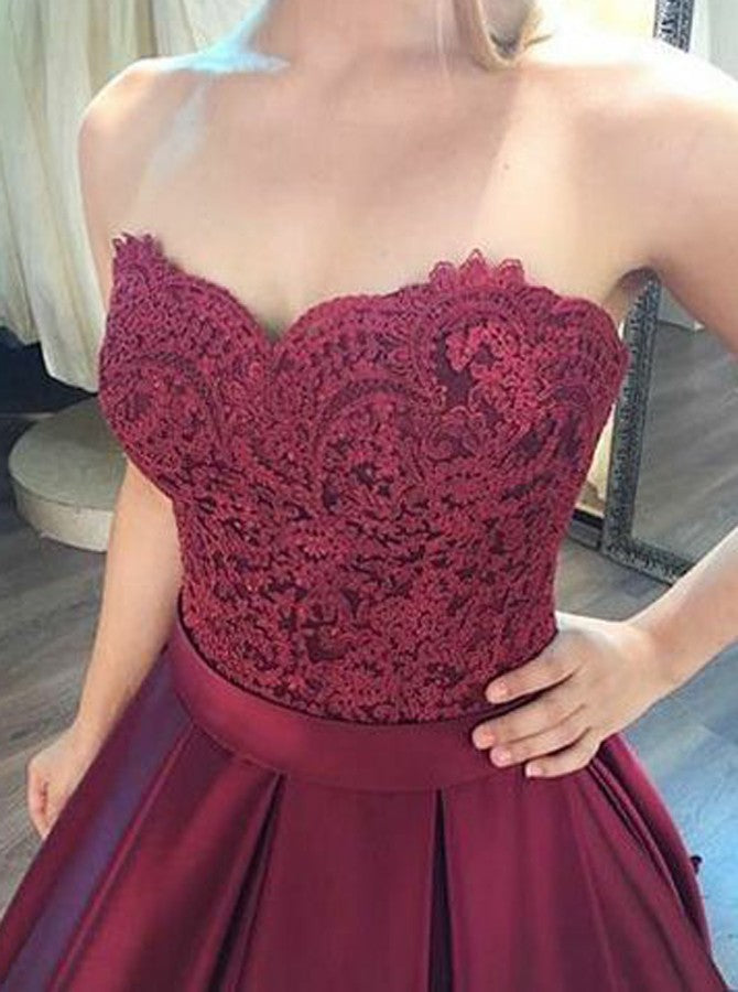 Burgundy A Line Sweetheart Top Lace Prom Dresses