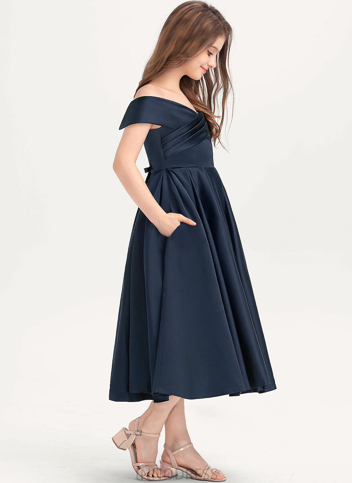 Jazlene Tea-Length Ruffle Junior Bridesmaid Dresses Satin A-Line With Off-the-Shoulder Pockets