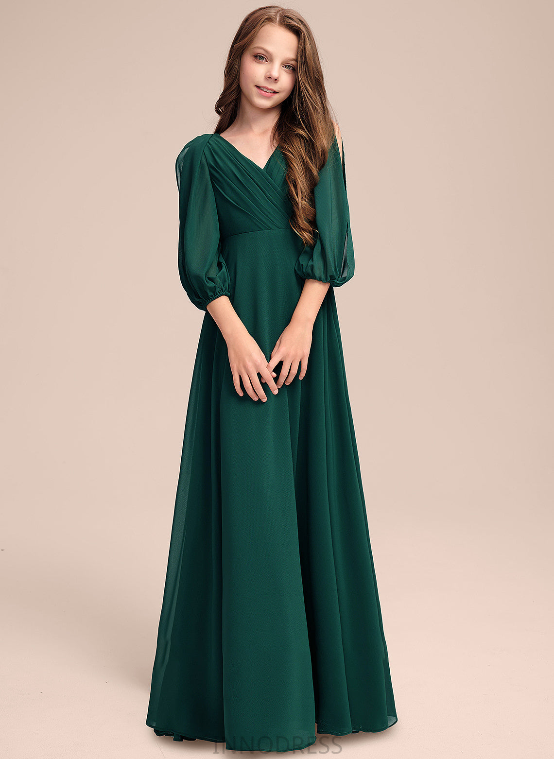 Junior Bridesmaid Dresses V-neck A-Line Floor-Length Ruffles Maya Chiffon With