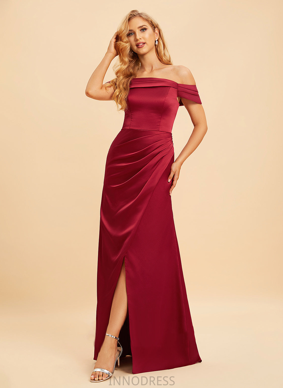 Neckline Floor-Length Silhouette Embellishment A-Line Length Off-the-Shoulder Fabric SplitFront Kyla Spaghetti Staps Sleeveless Bridesmaid Dresses