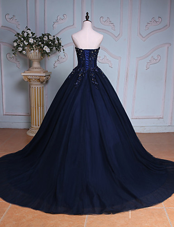 Navy Blue Ball Gown Court Train Sweetheart Strapless Lace Up Beading Prom Dresses