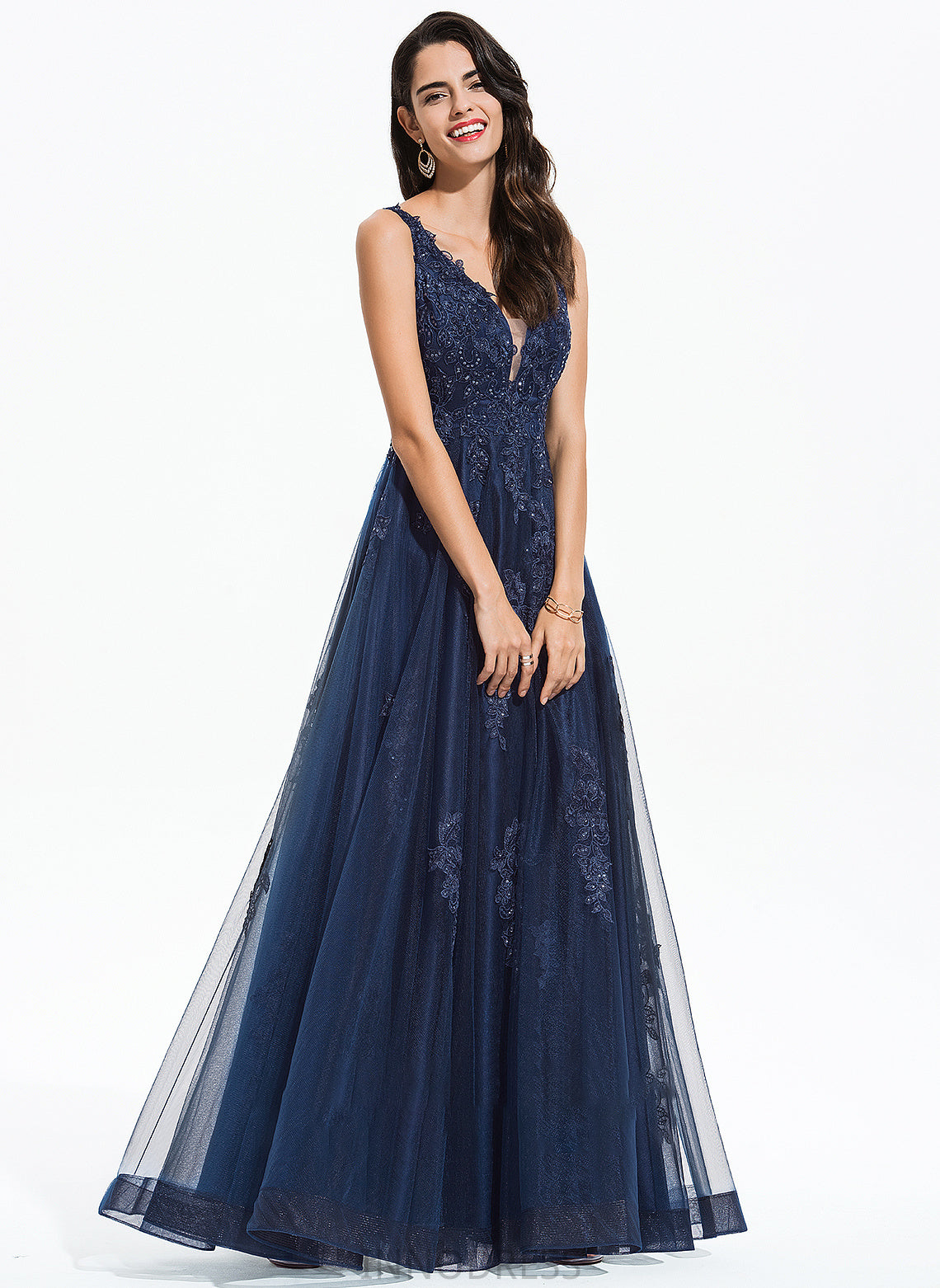 V-neck Prom Dresses Floor-Length Renata Tulle With A-Line Sequins Lace