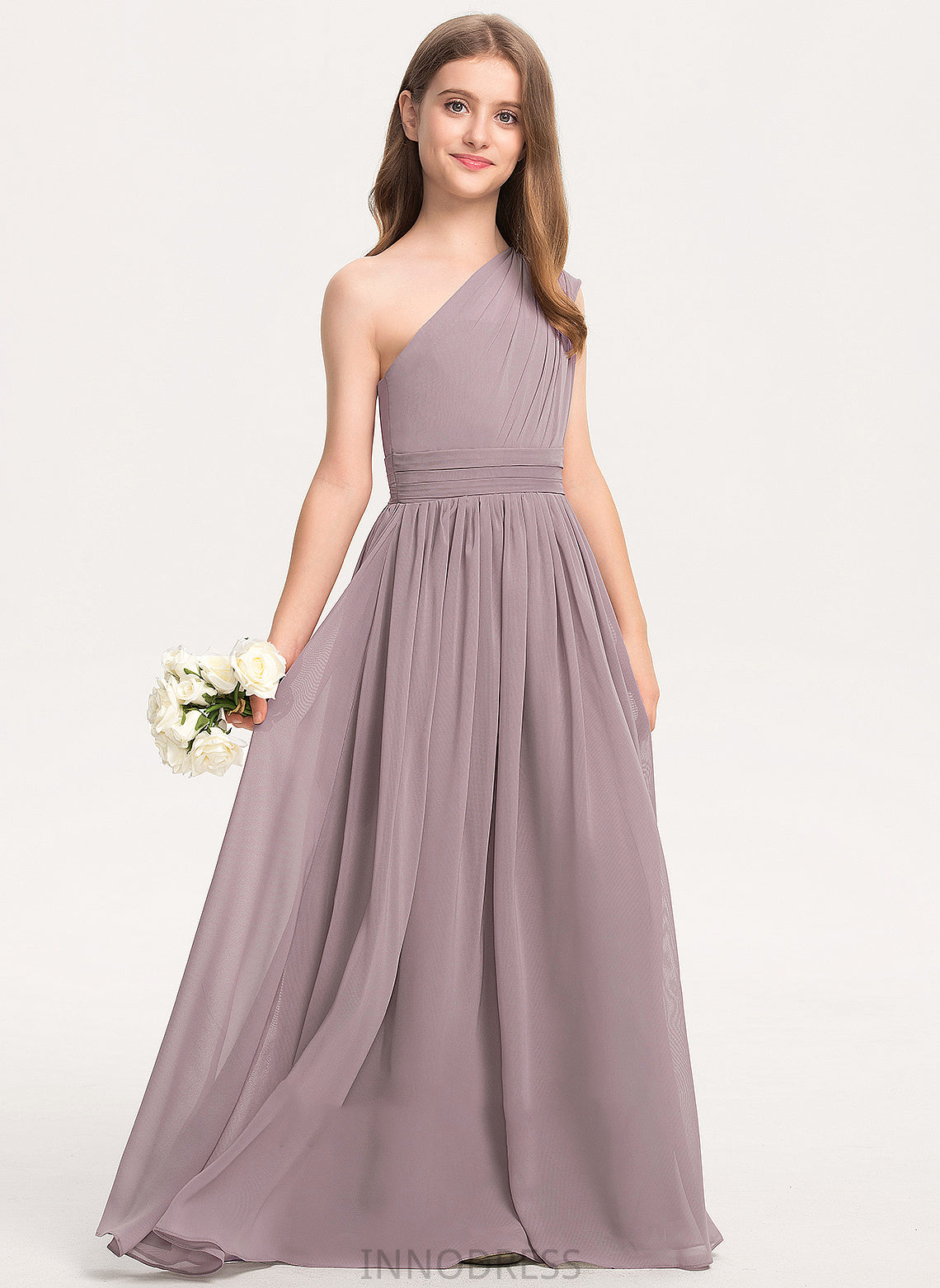 A-Line Floor-Length Brynlee With Ruffle Chiffon Junior Bridesmaid Dresses One-Shoulder