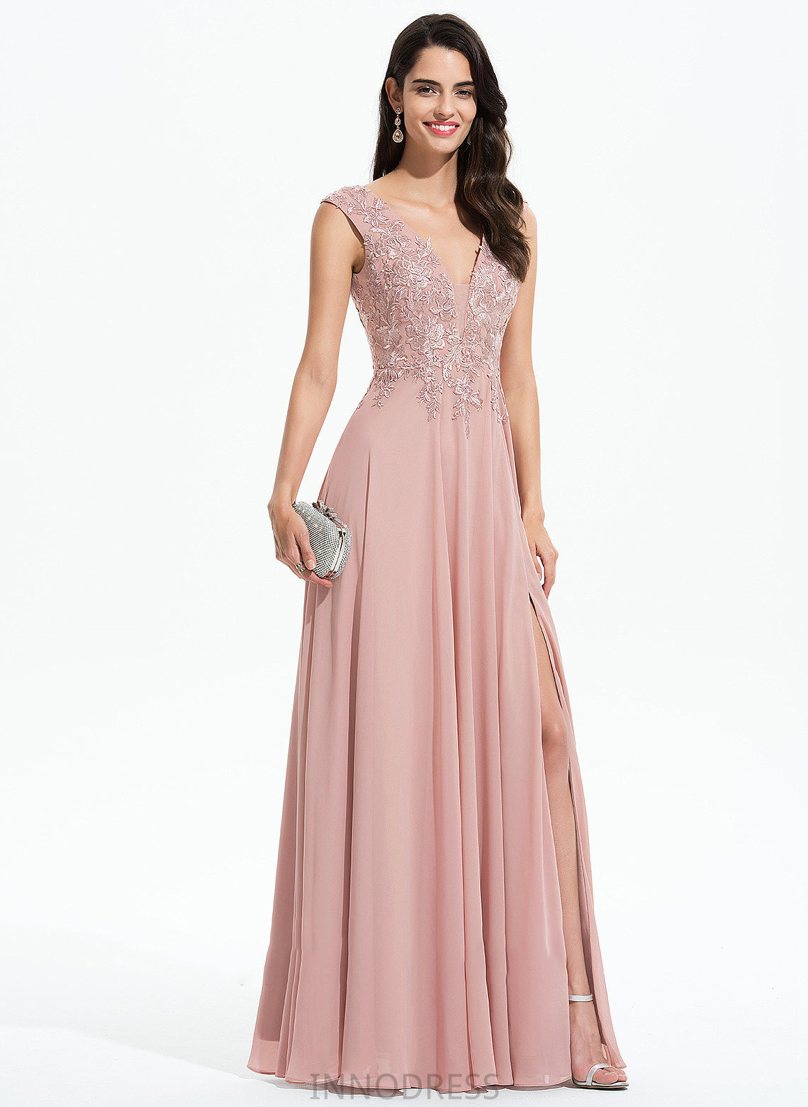 Floor-Length Kristina Split Prom Dresses Front Chiffon Lace V-neck A-Line With