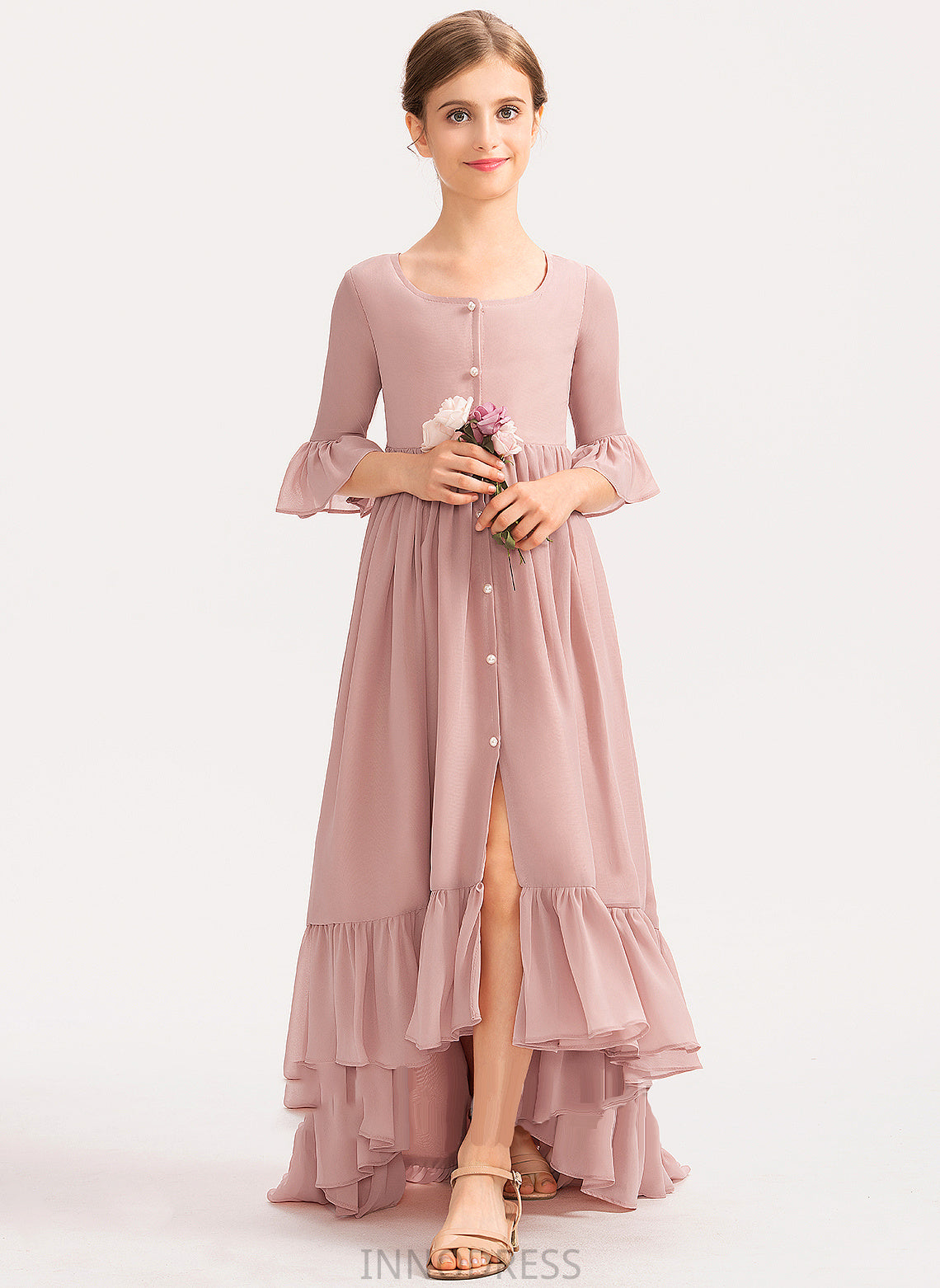 Chiffon Cascading Ruffles Junior Bridesmaid Dresses Holly Scoop With Bow(s) Asymmetrical Neck A-Line