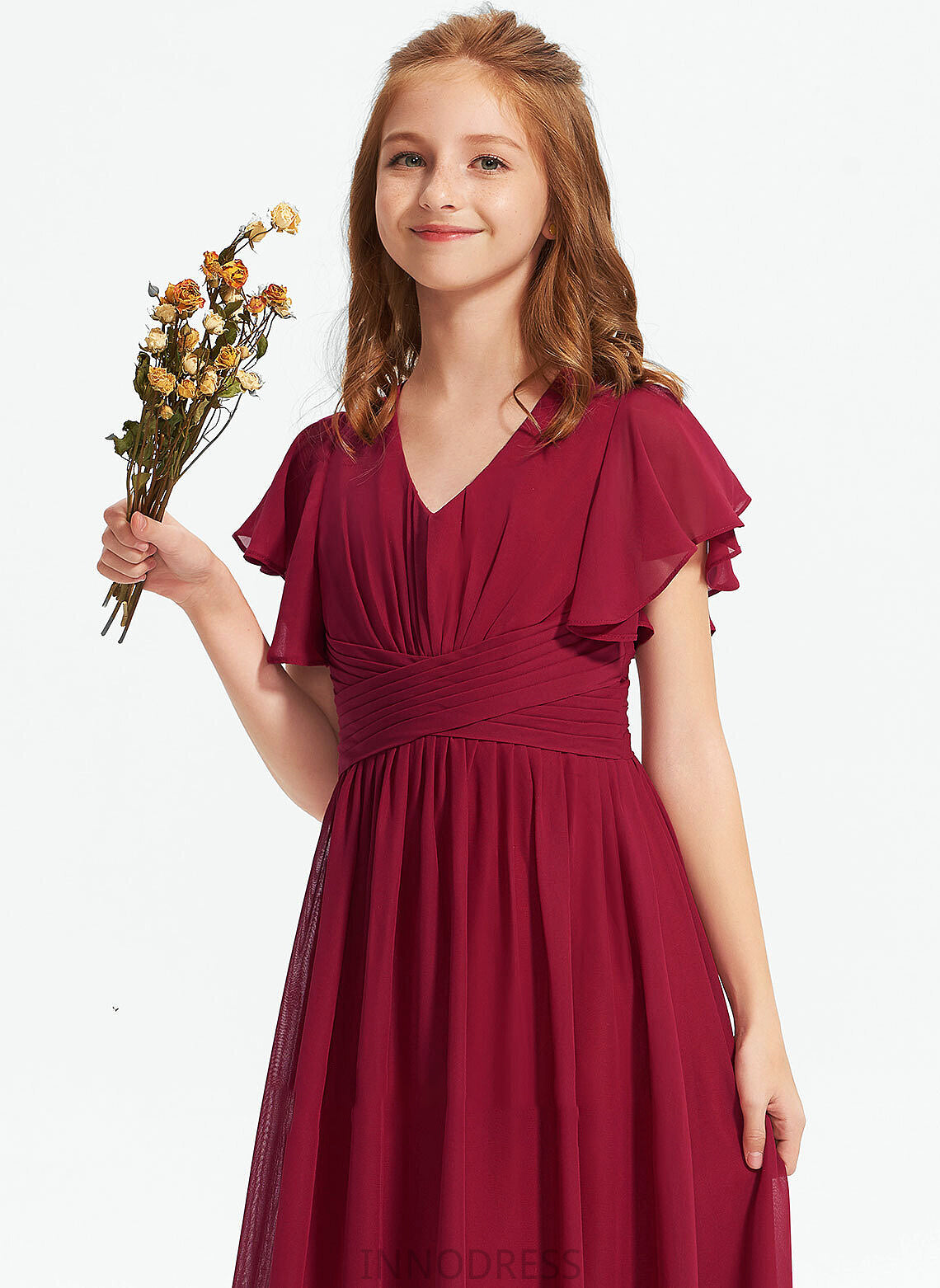 A-Line V-neck Chiffon Junior Bridesmaid Dresses Jenny With Floor-Length Ruffle