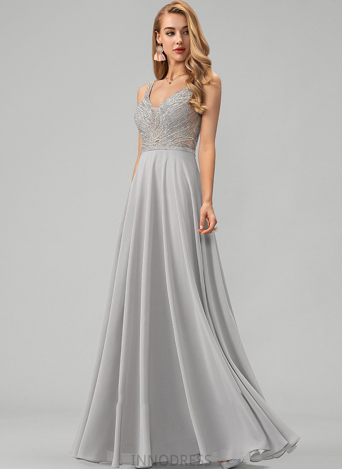 A-Line Sequins Prom Dresses V-neck Alice With Chiffon Beading Floor-Length