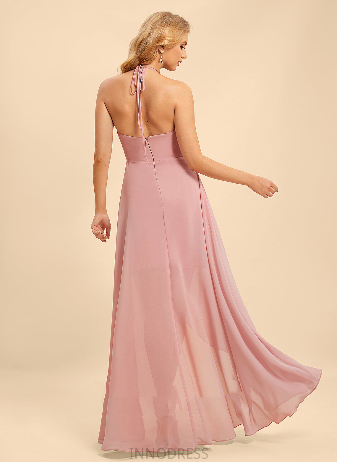 A-Line Neckline Halter Fabric Embellishment Silhouette Asymmetrical Ruffle Length Kay Natural Waist Scoop Bridesmaid Dresses