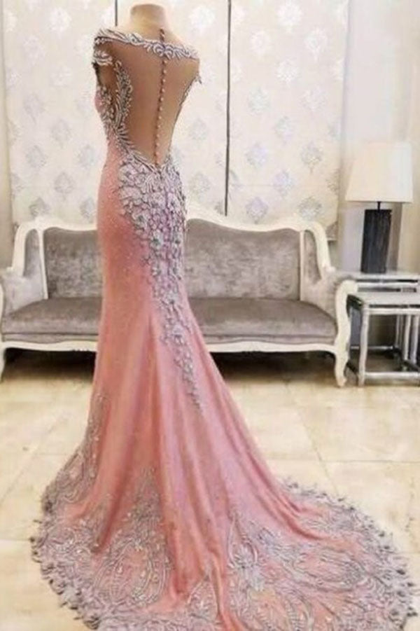 Pink Sheath Court Train Capped Sleeve Sheer Back Beading Prom Dresses