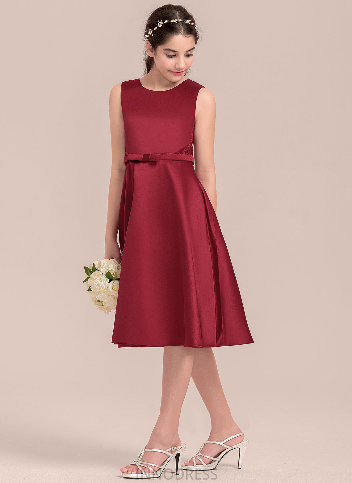 Scoop Bow(s) With Satin Aleah Lace Knee-Length Junior Bridesmaid Dresses A-Line Neck