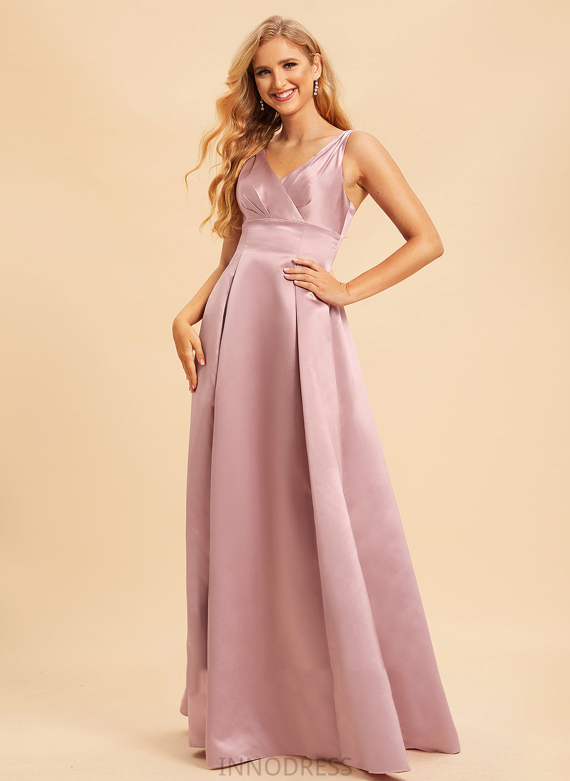 Satin Floor-Length Fabric Straps Length V-neck Neckline A-Line Silhouette Ashley A-Line/Princess Knee Length Bridesmaid Dresses