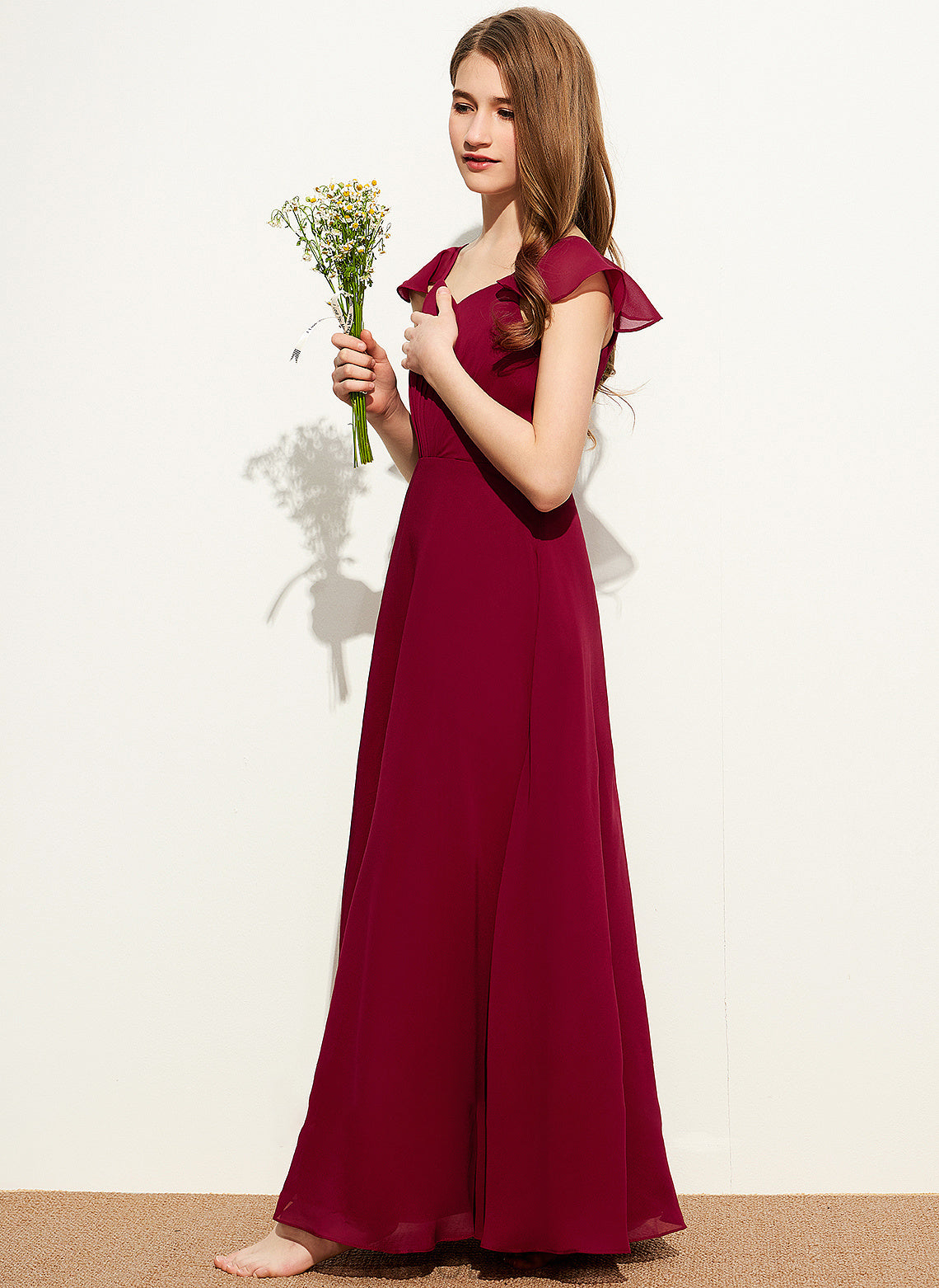 Ruffle V-neck With Esther Floor-Length Junior Bridesmaid Dresses Chiffon A-Line