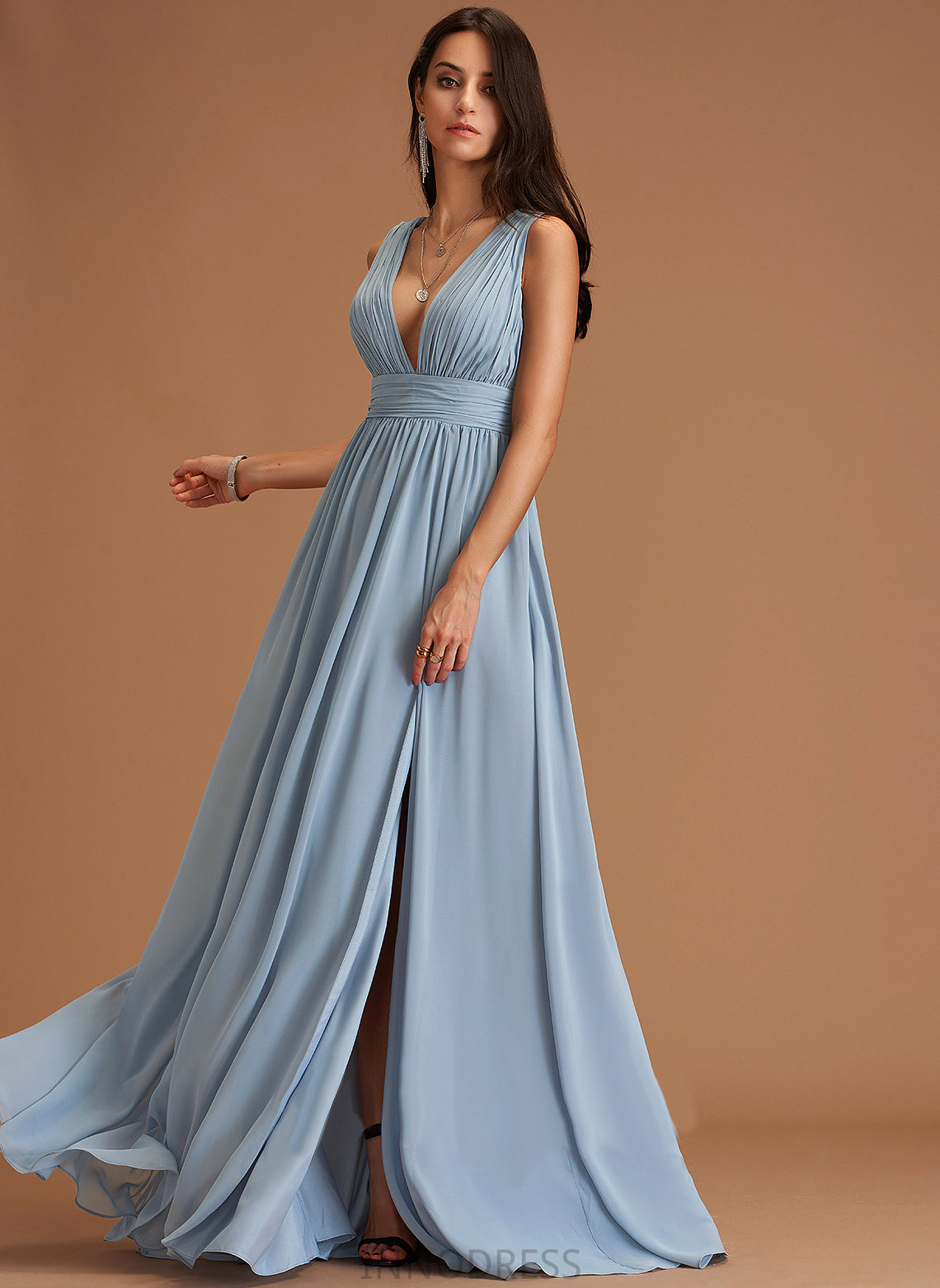 Silhouette Neckline SplitFront Fabric Embellishment V-neck A-Line Floor-Length Length Paityn Sleeveless Floor Length Bridesmaid Dresses