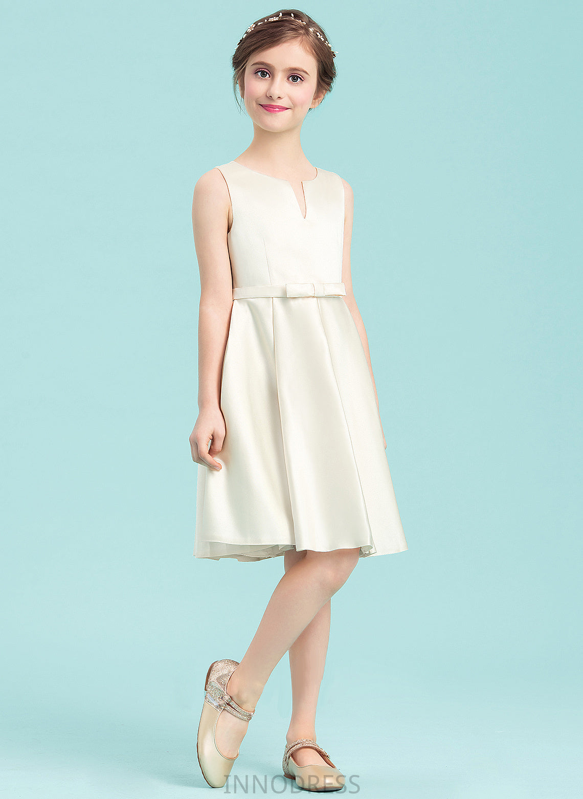 Bow(s) Tatum A-Line Junior Bridesmaid Dresses Scoop With Neck Satin Knee-Length