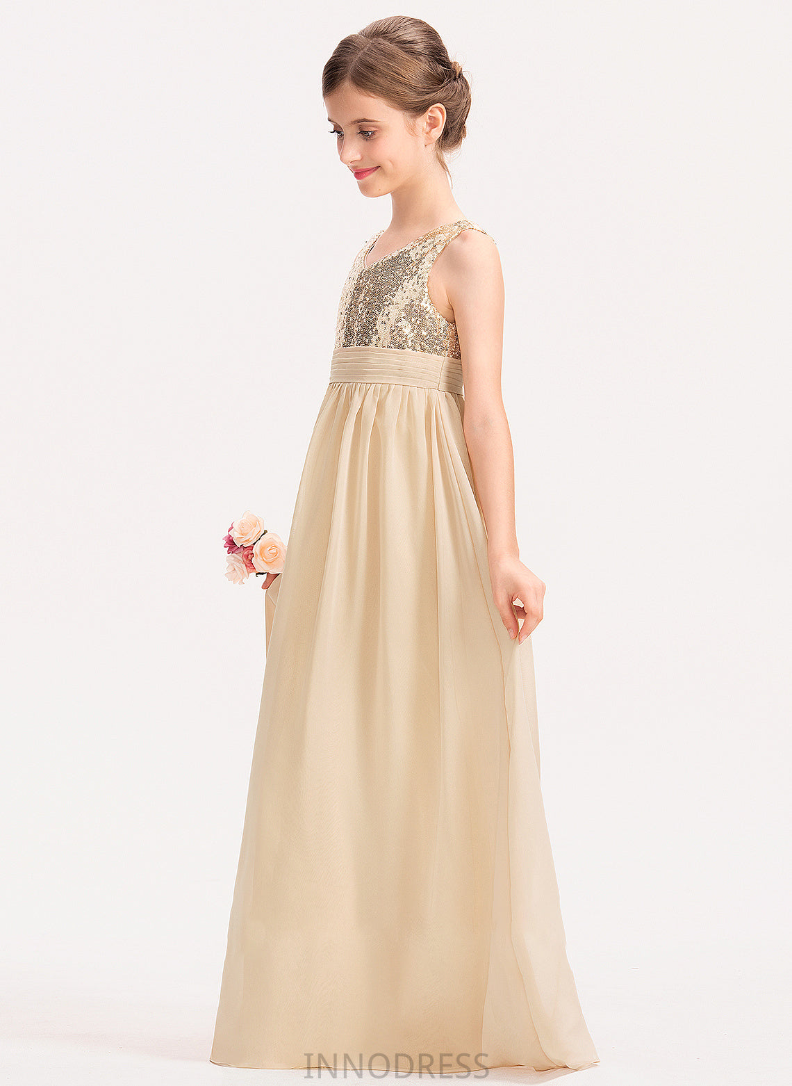 Chiffon Junior Bridesmaid Dresses A-Line V-neck With Shirley Ruffle Sequined Floor-Length