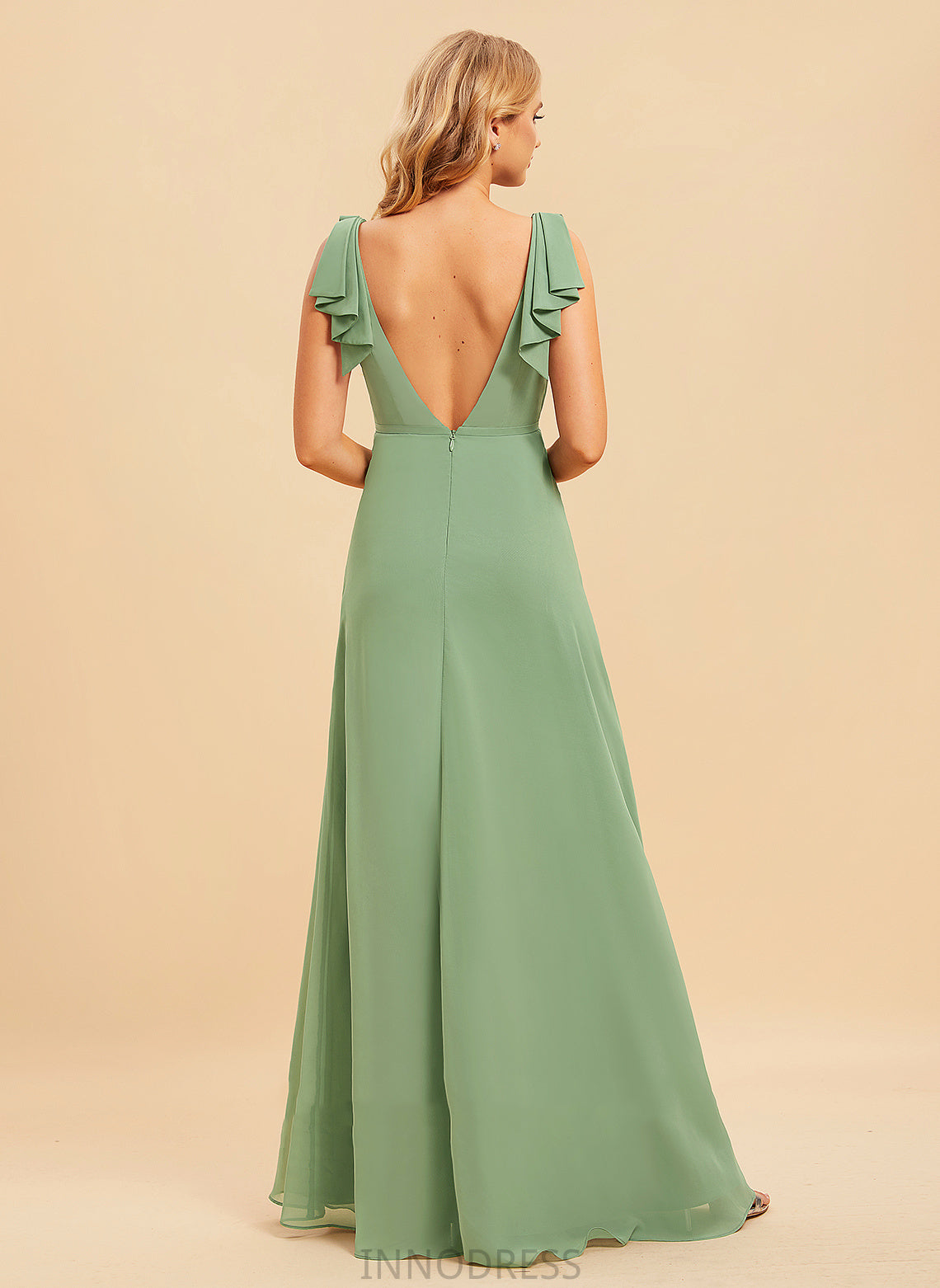 A-Line Embellishment Neckline Ruffle Fabric Length V-neck Floor-Length Silhouette Emelia Sleeveless Floor Length Bridesmaid Dresses