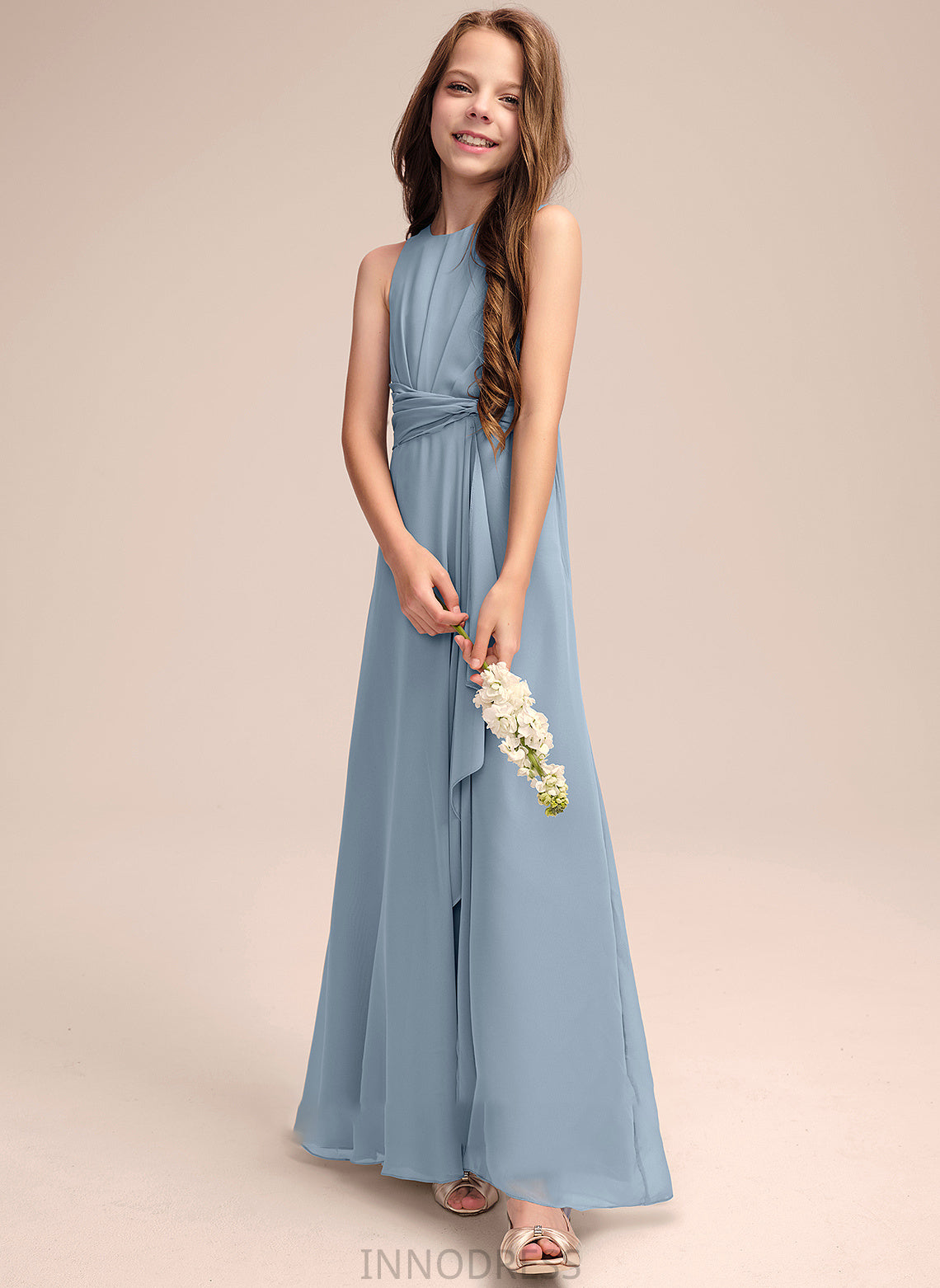 Ruffles With Neck Cascading Saniya Scoop Junior Bridesmaid Dresses A-Line Floor-Length Chiffon