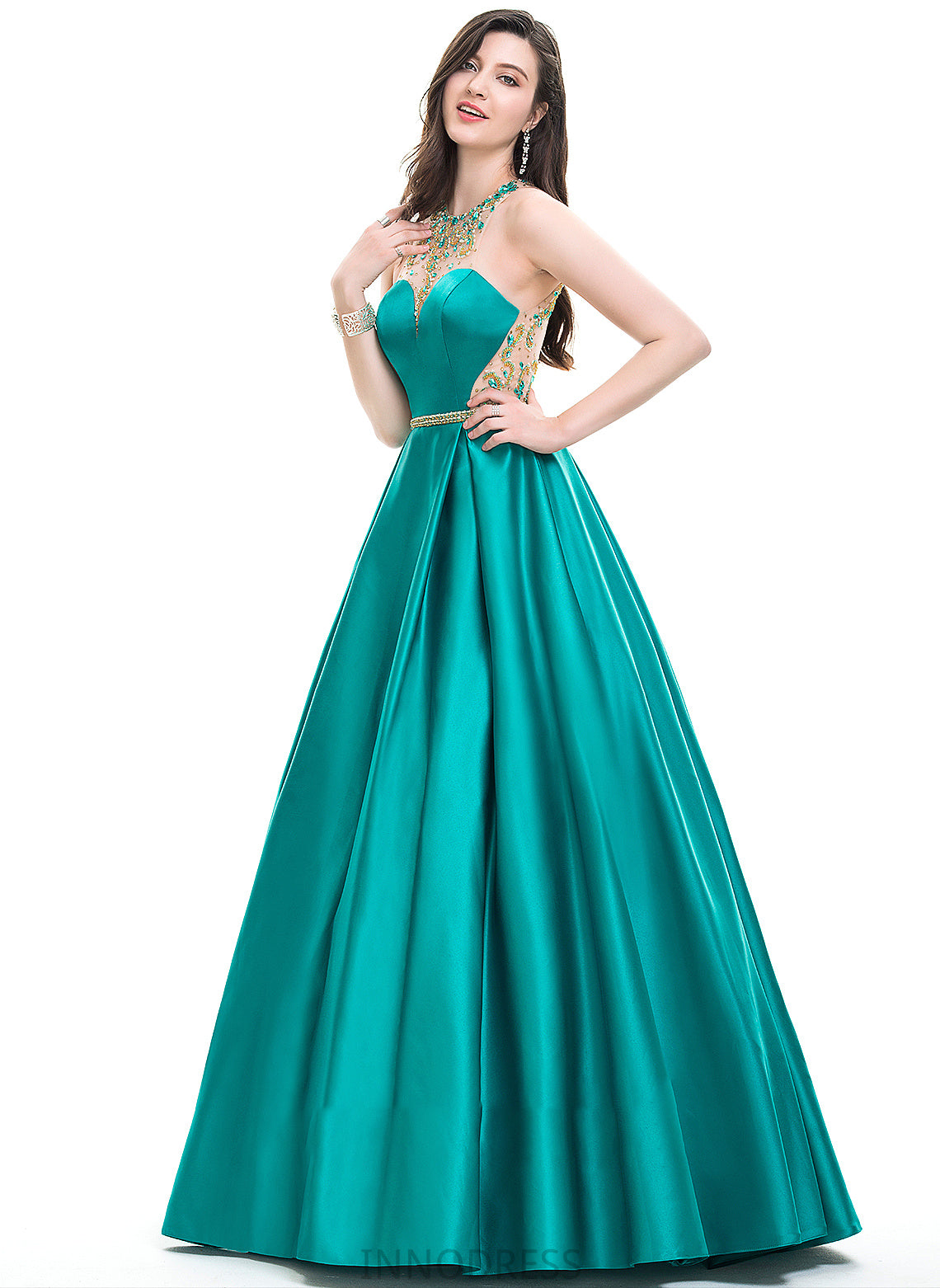 Scoop Satin Beading Floor-Length Taylor Sequins Neck Ball-Gown/Princess With Prom Dresses