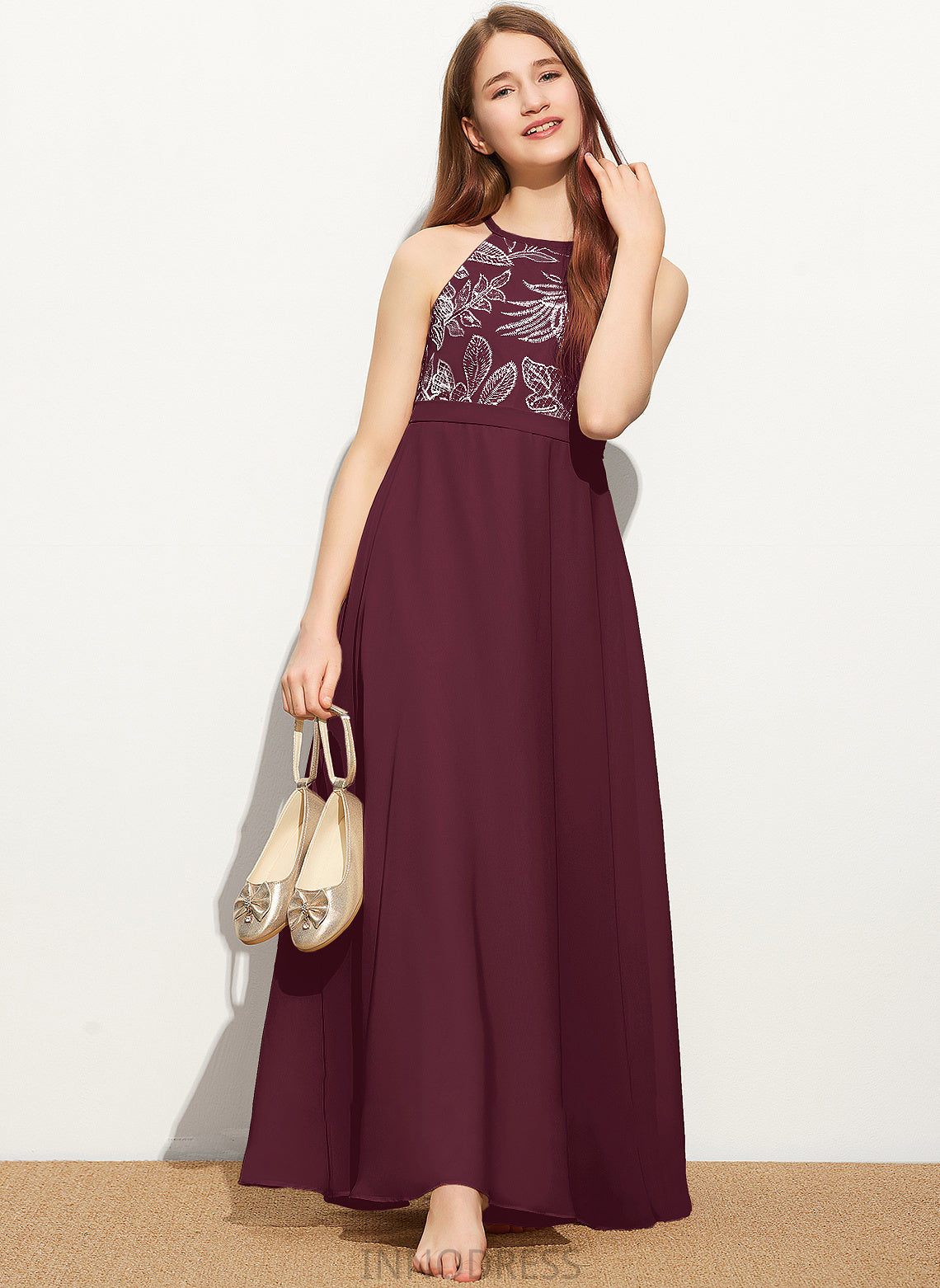 A-Line Chiffon Junior Bridesmaid Dresses Floor-Length Lace Scoop Bow(s) Neck With Iris