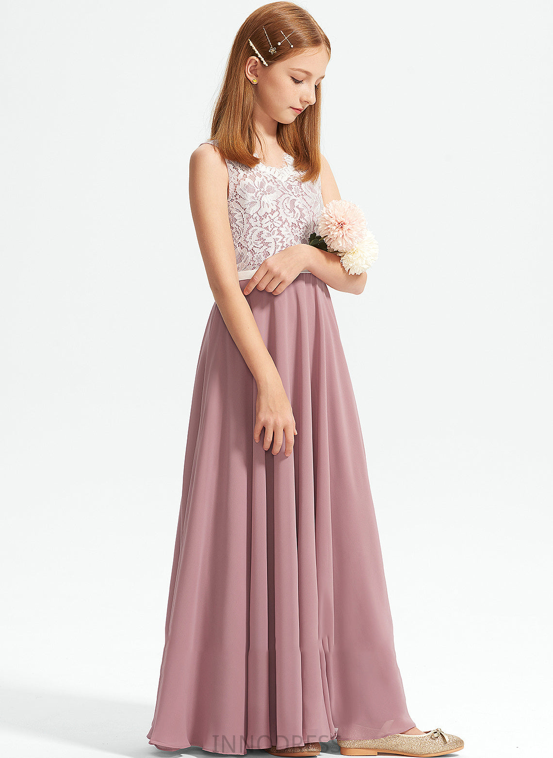 V-neck Floor-Length A-Line Junior Bridesmaid Dresses Lace Chiffon Kylie