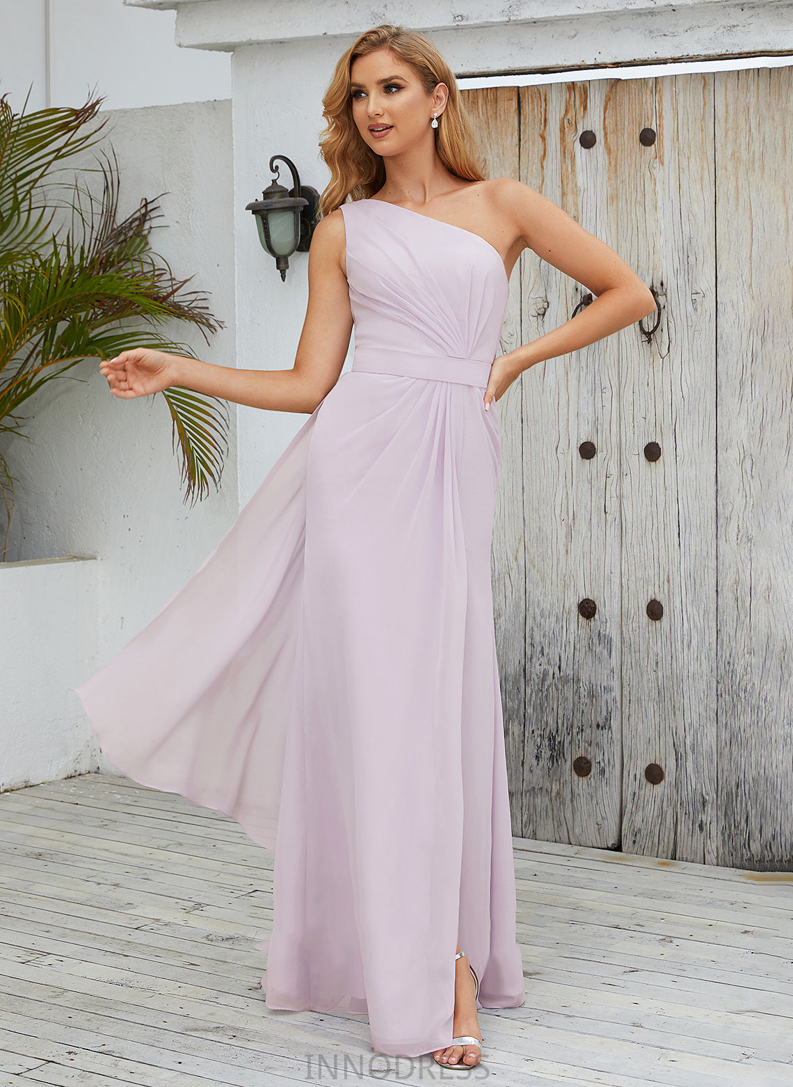 Neckline One-Shoulder Floor-Length Ruffle SplitFront Length Fabric Silhouette A-Line Embellishment Danica Straps Bridesmaid Dresses