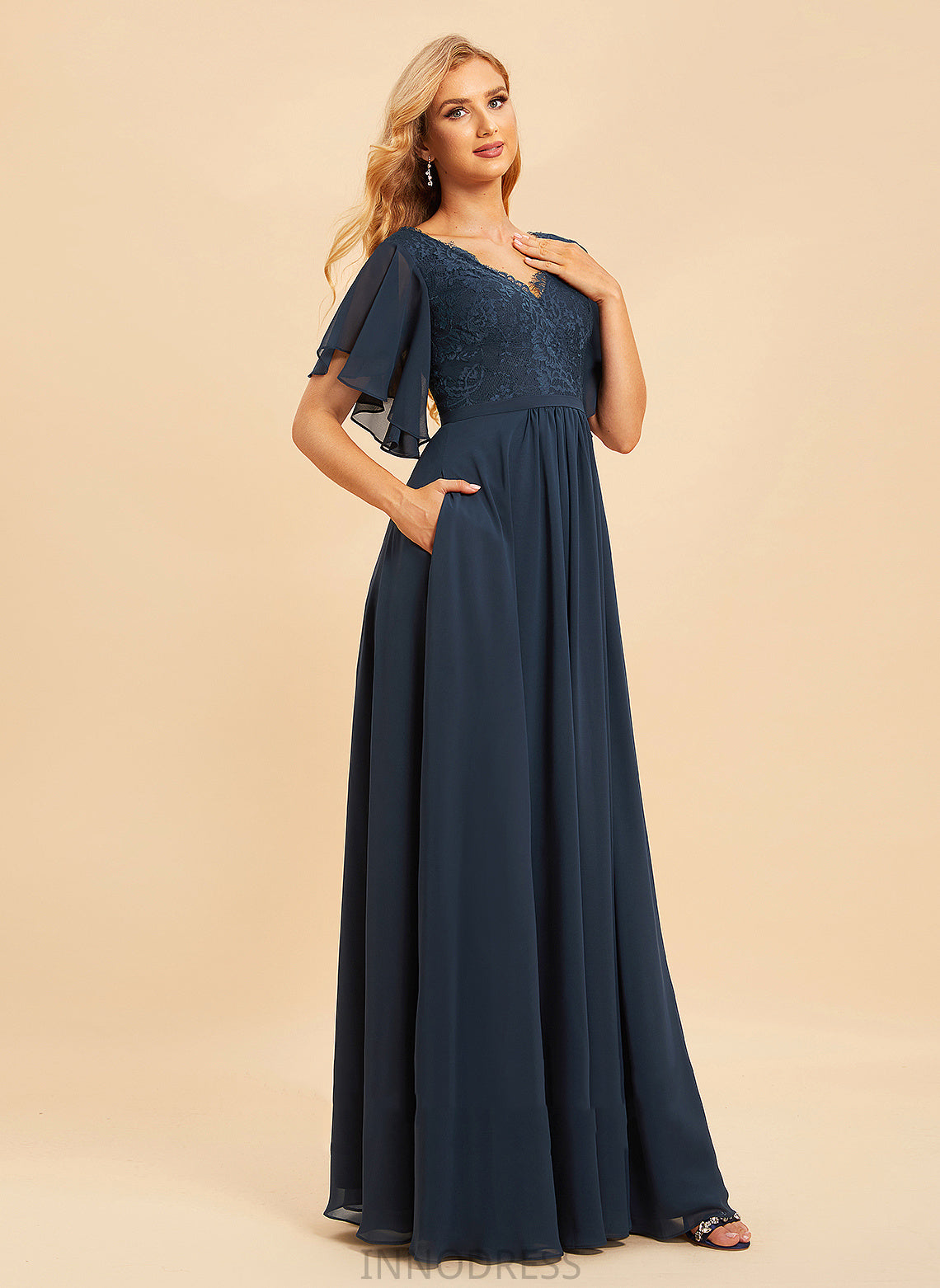 SplitFront Floor-Length A-Line Fabric Neckline Silhouette Embellishment V-neck Length Lace Abbigail Sleeveless Bridesmaid Dresses