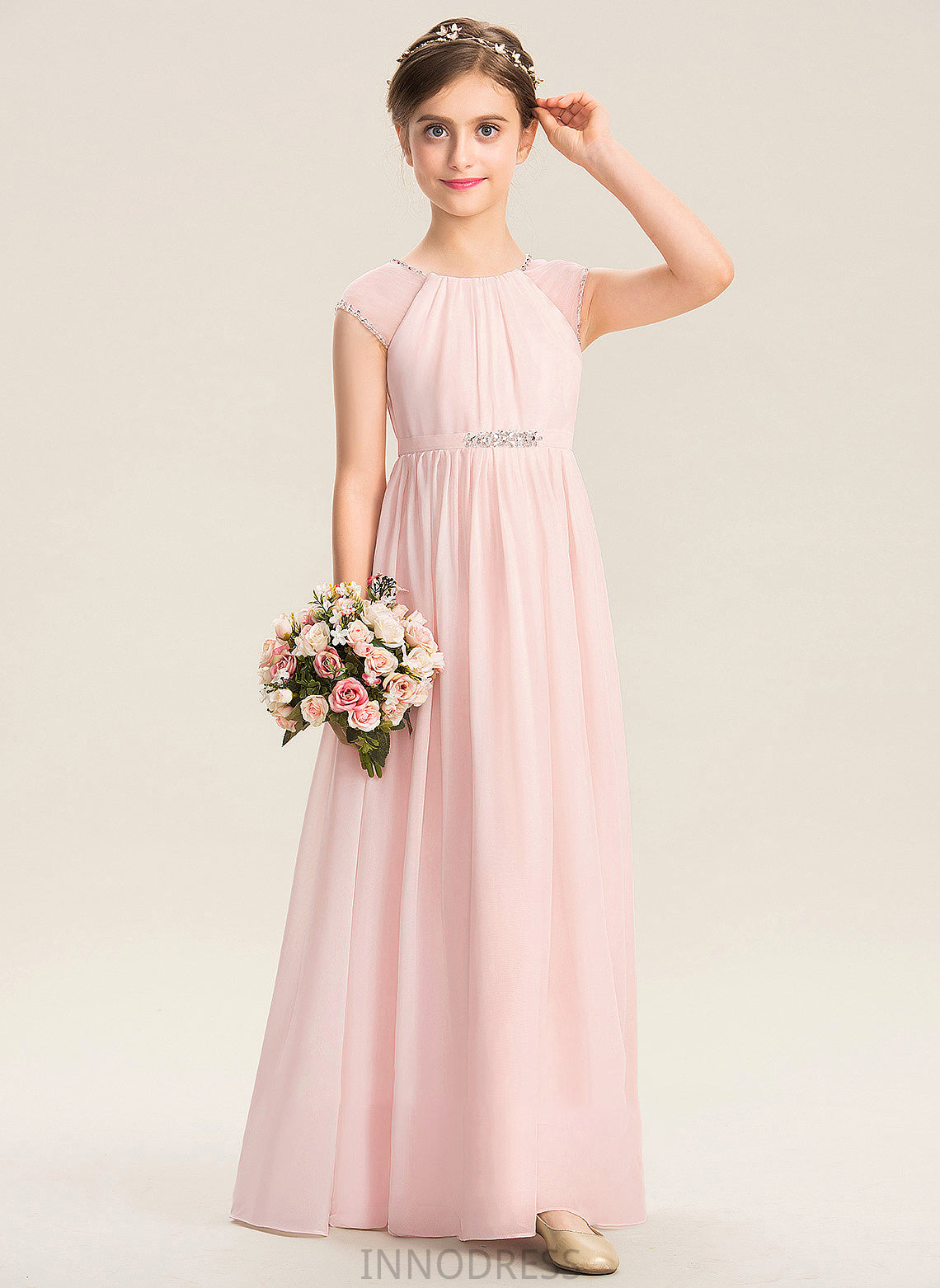 Beading A-Line Floor-Length Chiffon Neck Sequins Scoop Junior Bridesmaid Dresses Krystal With