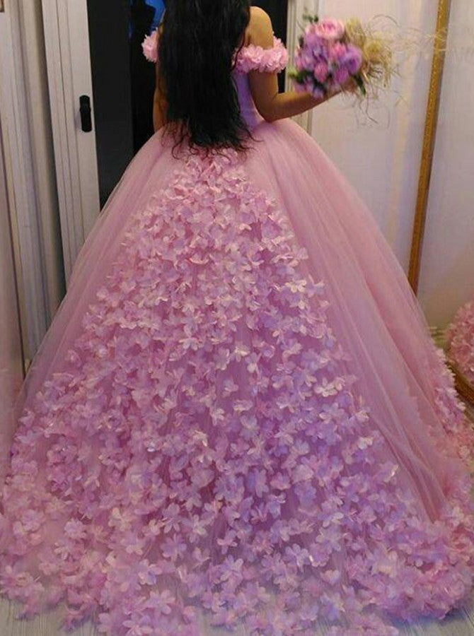 Pink Off-the-Shoulder Ball Gown Quinceanera Dresses with Flowers Applique