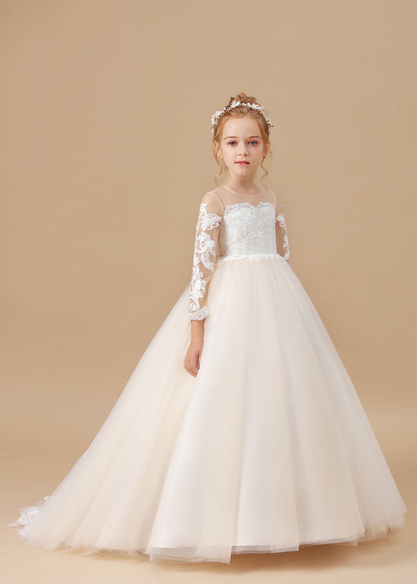 Floor-length Long Sleeves Lace Tulle Satin Flower Girl Dresses