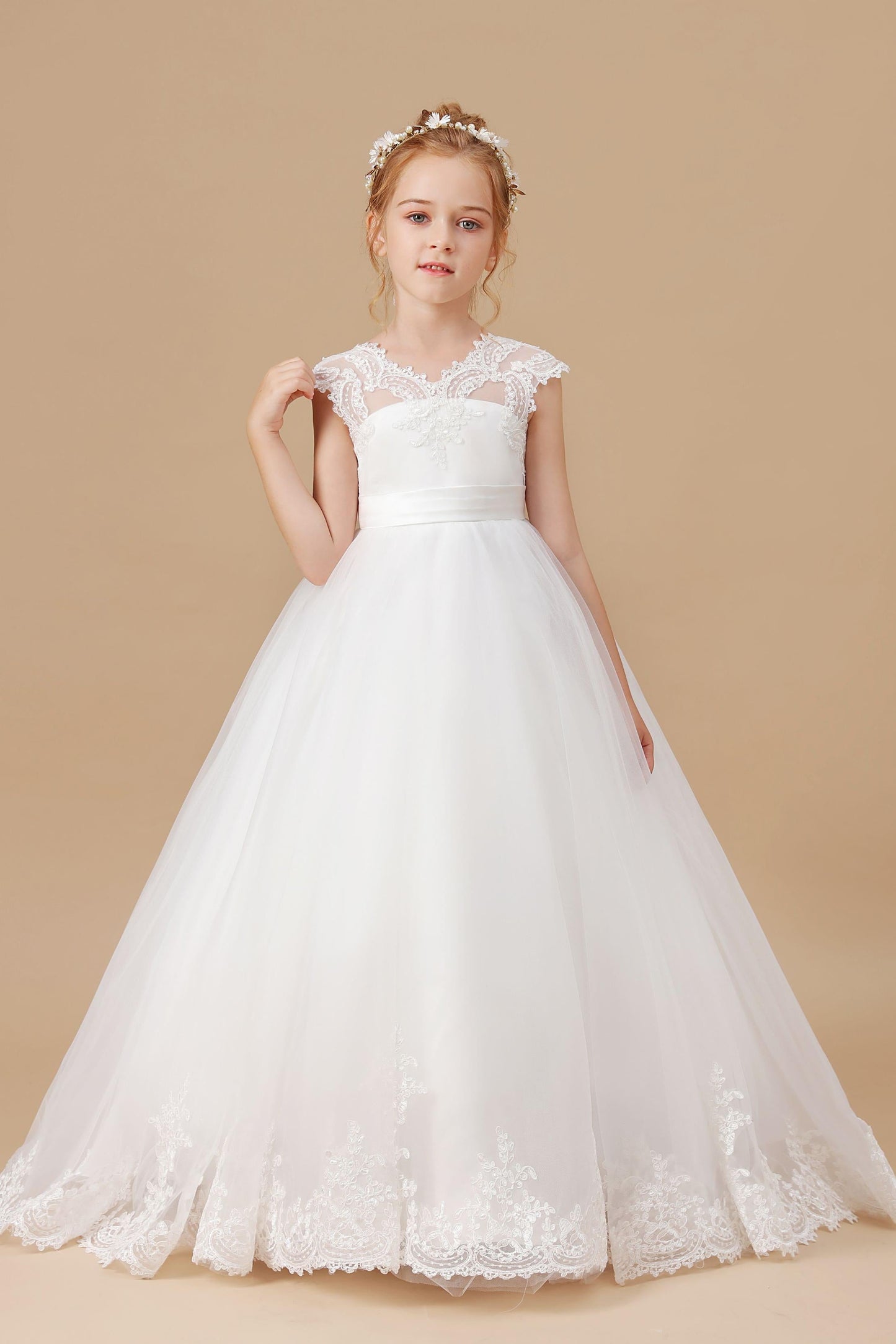 Ivory Floor-length V-neck Lace Tulle Satin Flower Girl Dresses