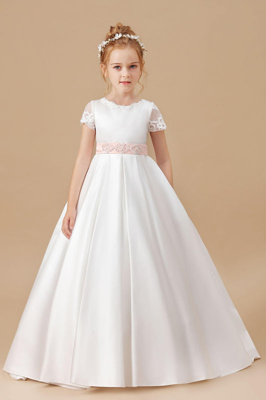 Ivory Floor-length Lace Satin Flower Girl Dresses With Pink Bowknot