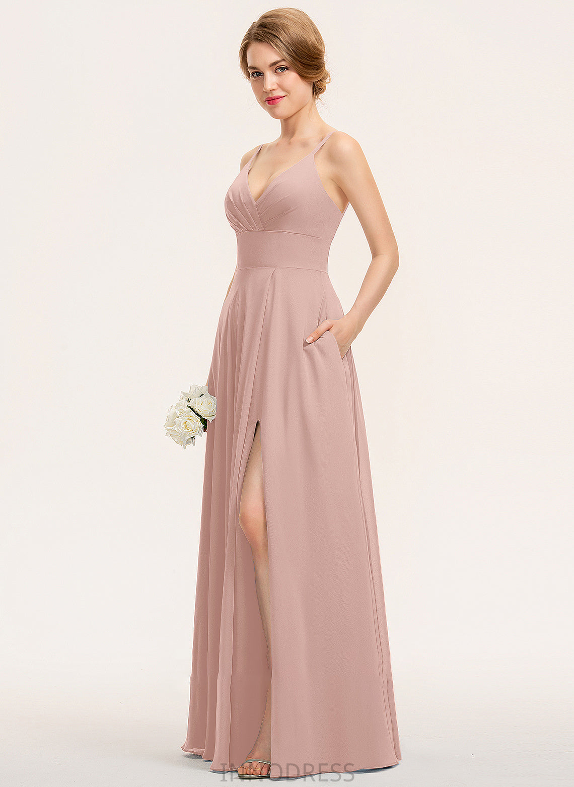 Ruffle Helena V-neck Prom Dresses Pockets Chiffon With A-Line Floor-Length