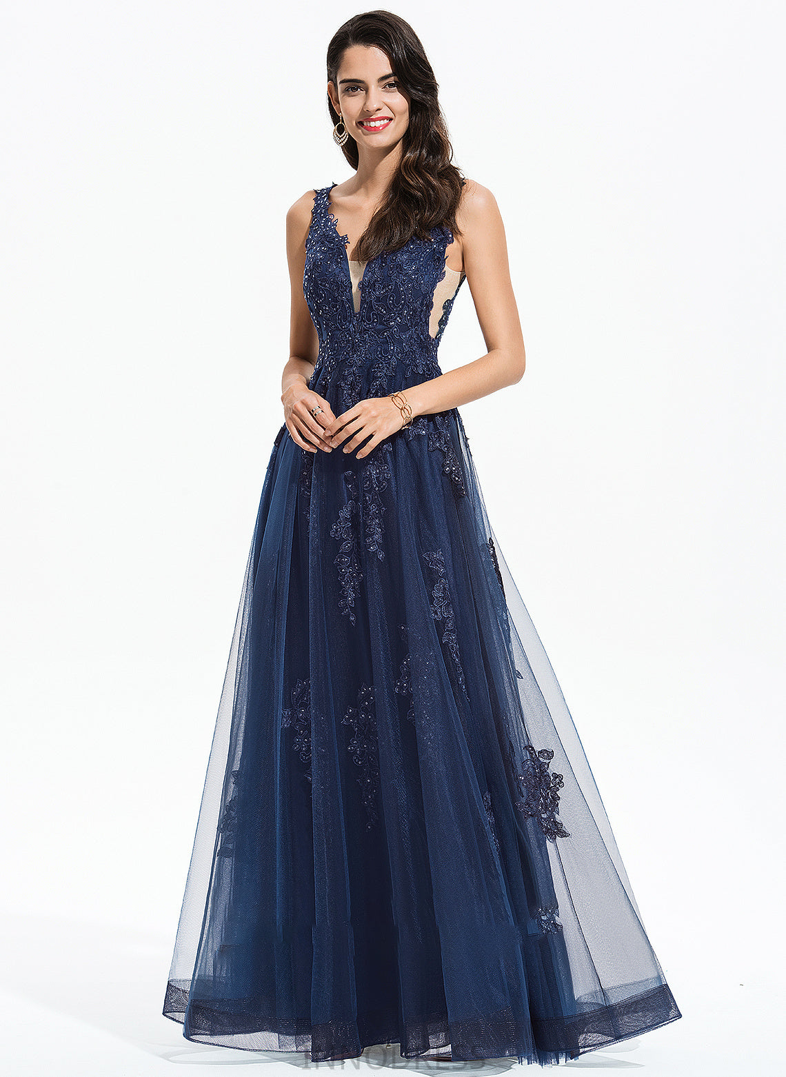 V-neck Prom Dresses Floor-Length Renata Tulle With A-Line Sequins Lace