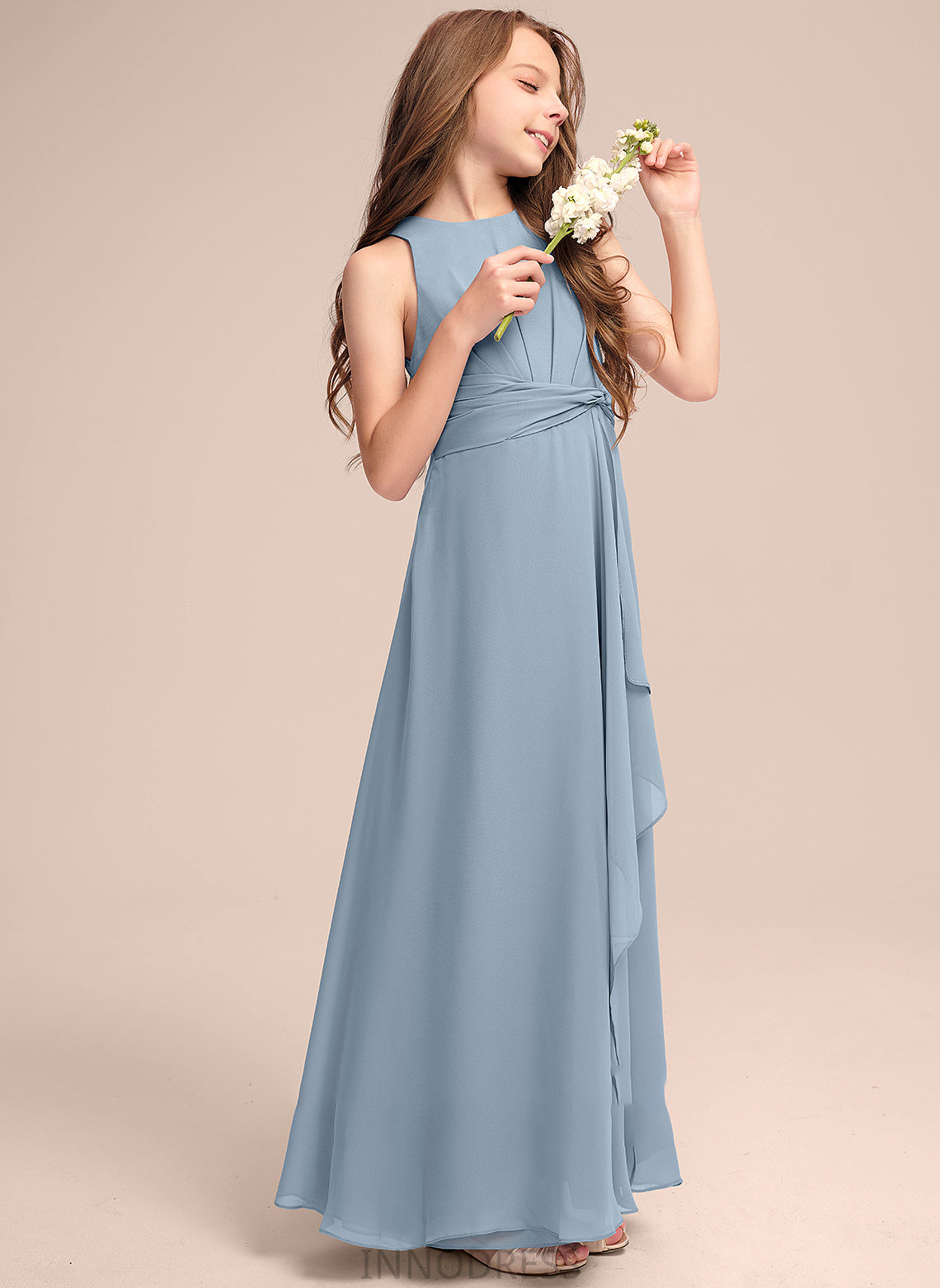 Ruffles With Neck Cascading Saniya Scoop Junior Bridesmaid Dresses A-Line Floor-Length Chiffon