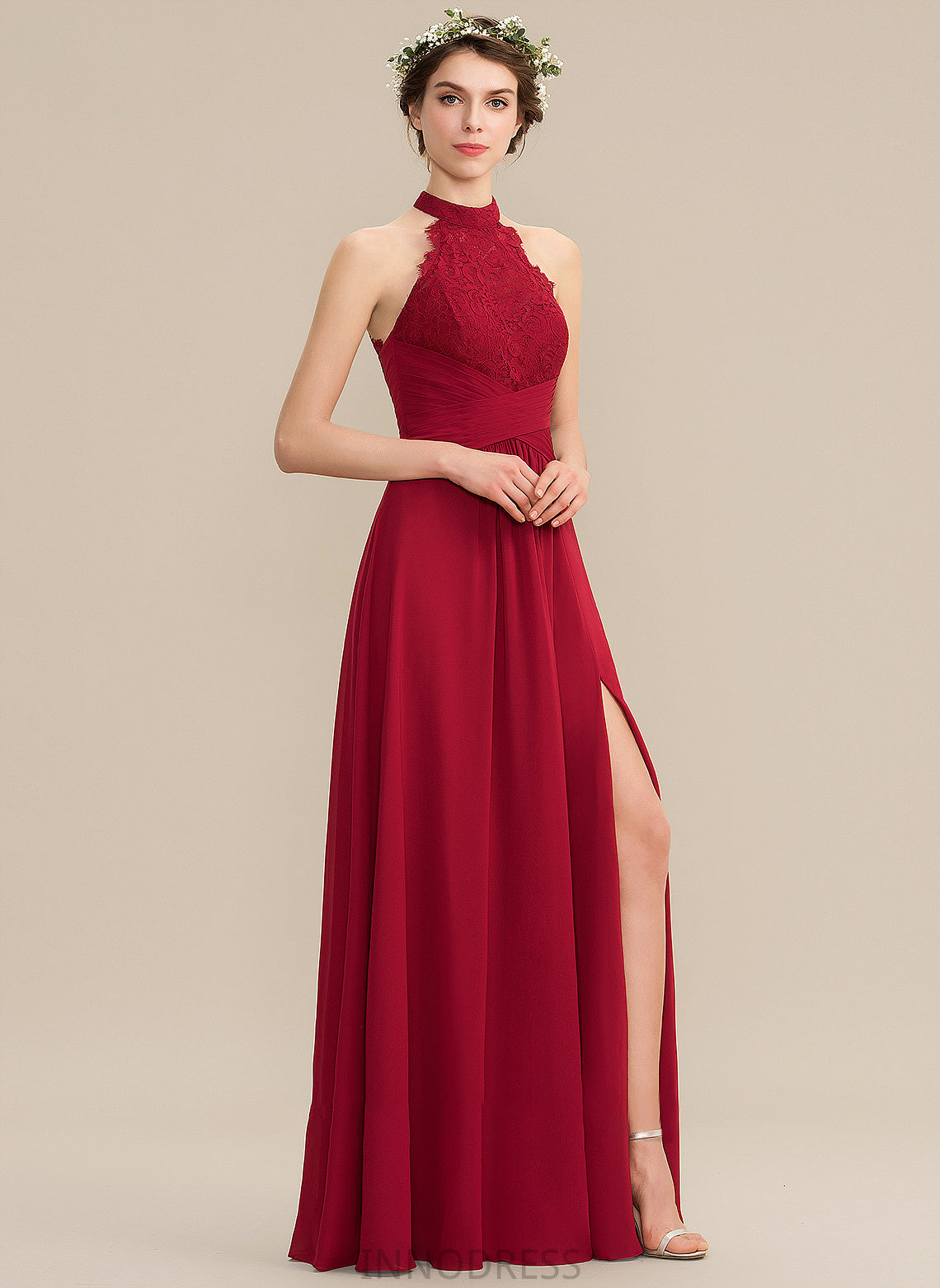 Prom Dresses A-Line Neck Split With Jane Lace High Ruffle Front Chiffon Floor-Length