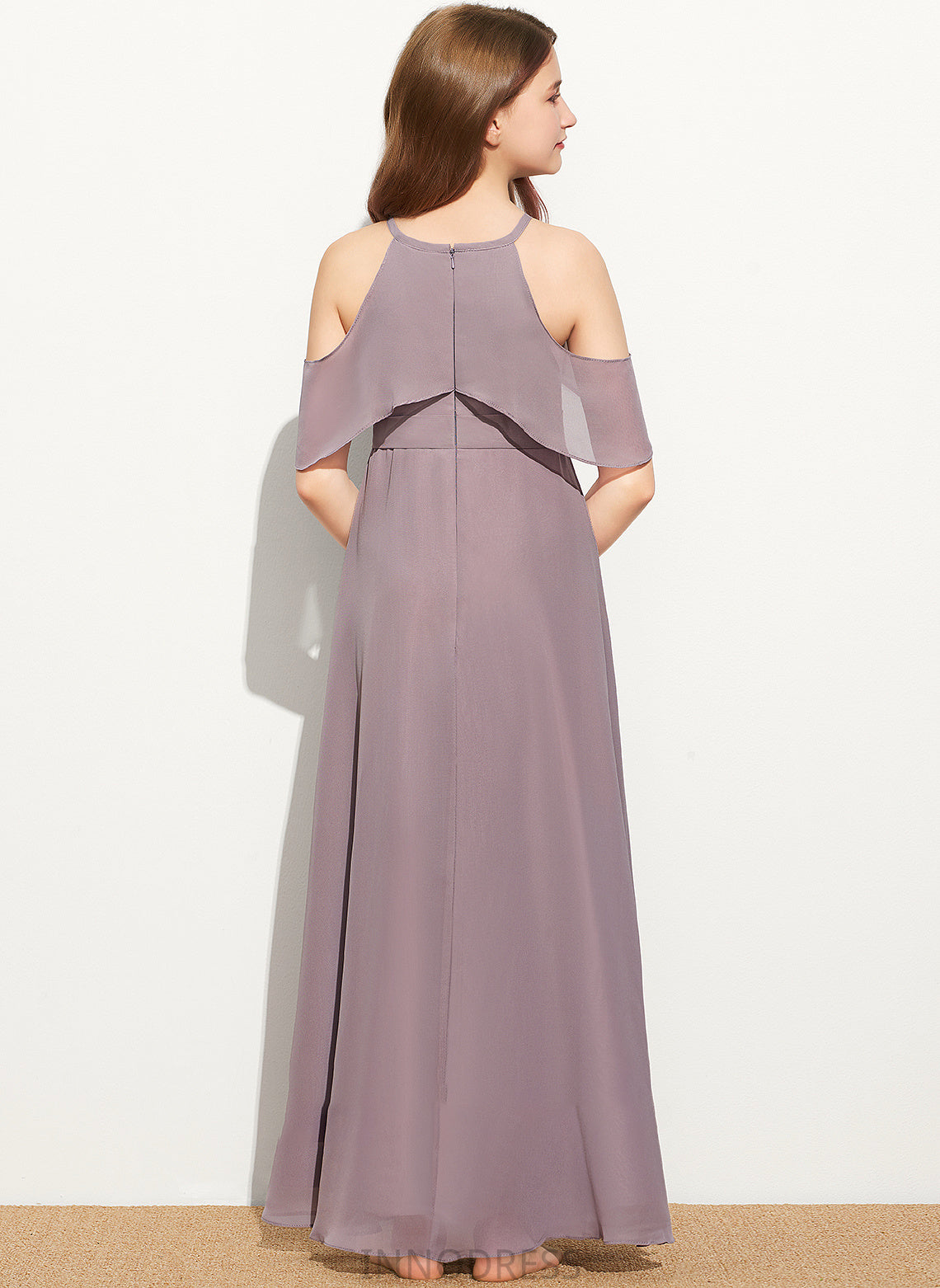 A-Line Chiffon Floor-Length Junior Bridesmaid Dresses With Neck Scoop Ruffle Kelsey