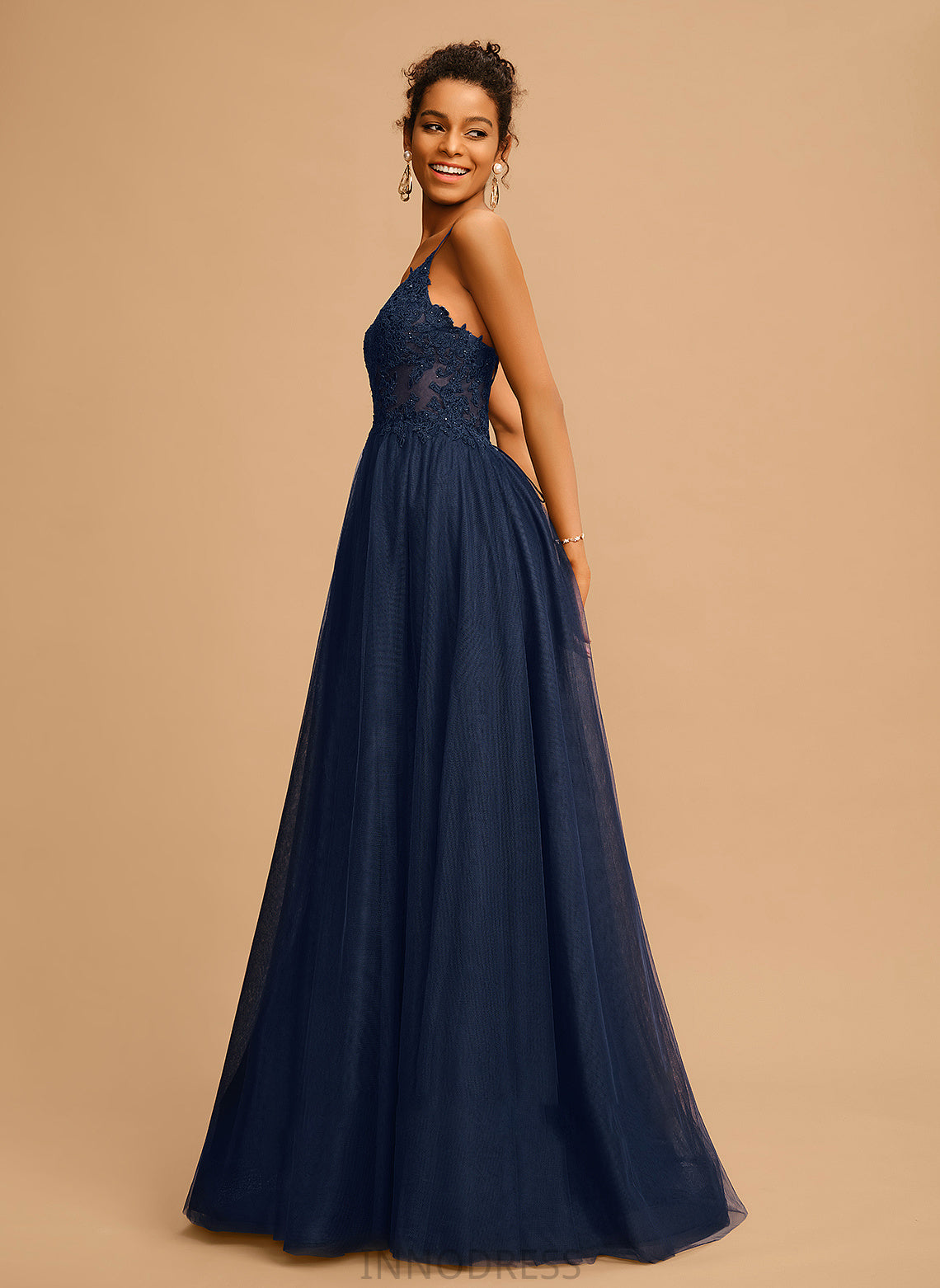 Floor-Length A-Line Beading Sequins Tulle V-neck Kamora With Prom Dresses