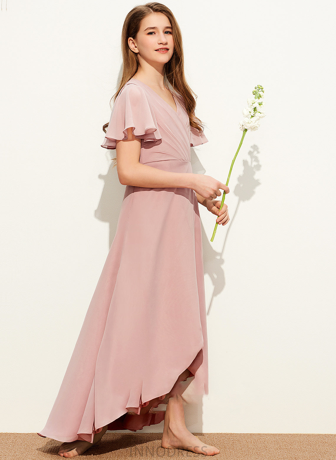 Kira A-Line Chiffon Ruffle V-neck With Junior Bridesmaid Dresses Asymmetrical