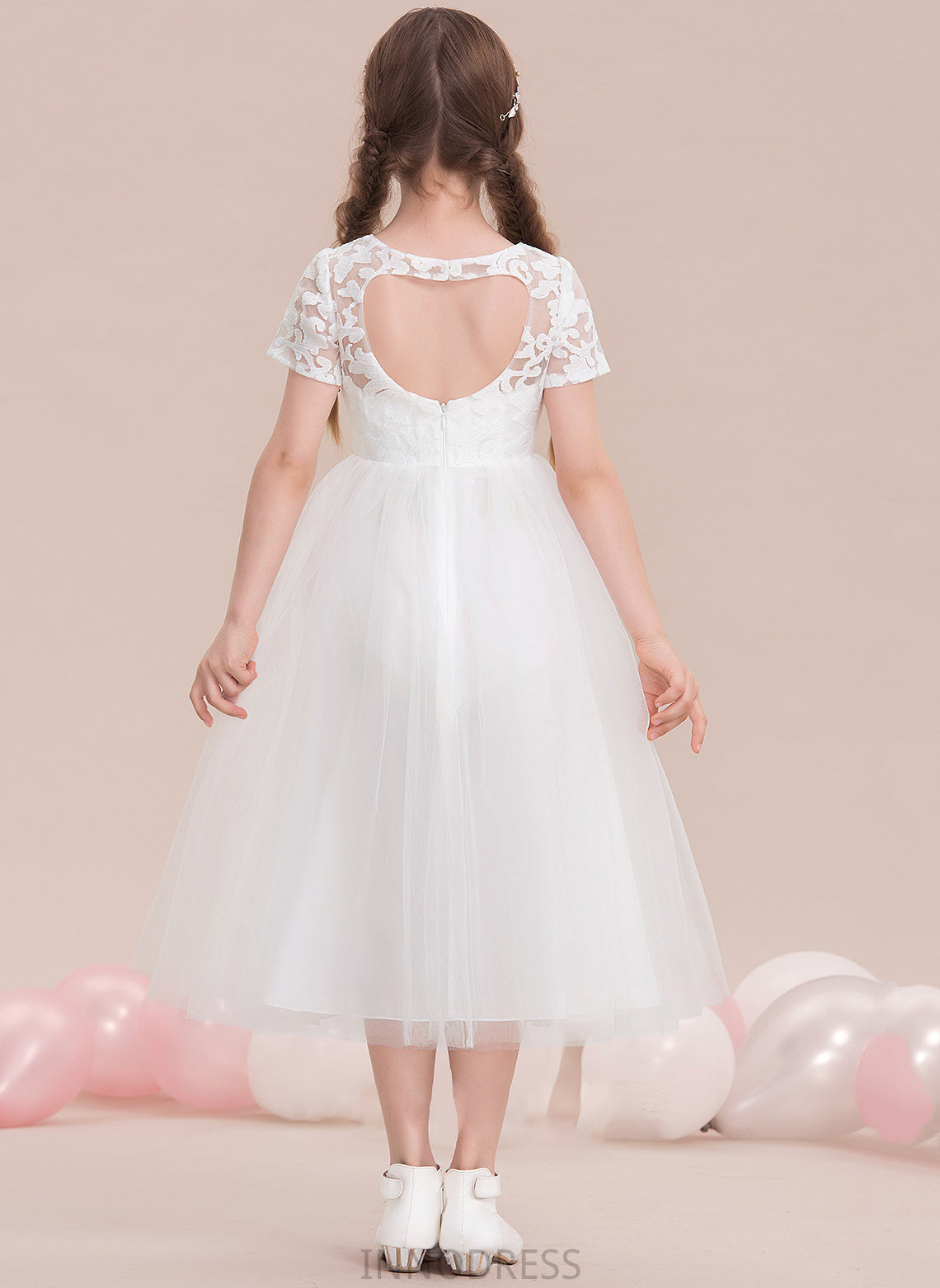 Scoop Junior Bridesmaid Dresses A-Line Tulle Nathaly Neck Tea-Length