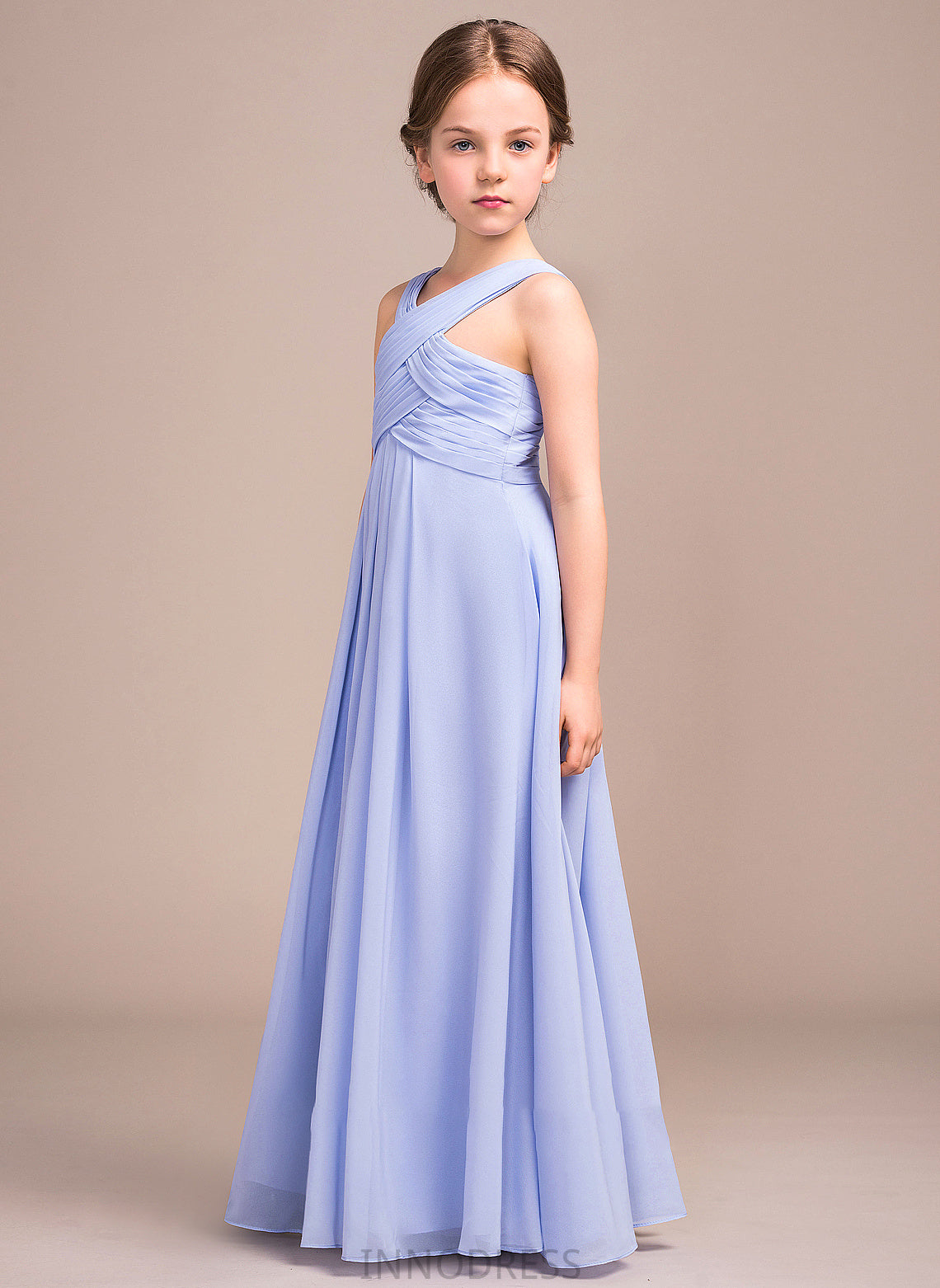 V-neck A-Line Chiffon Junior Bridesmaid Dresses Floor-Length Jaslene Ruffle With