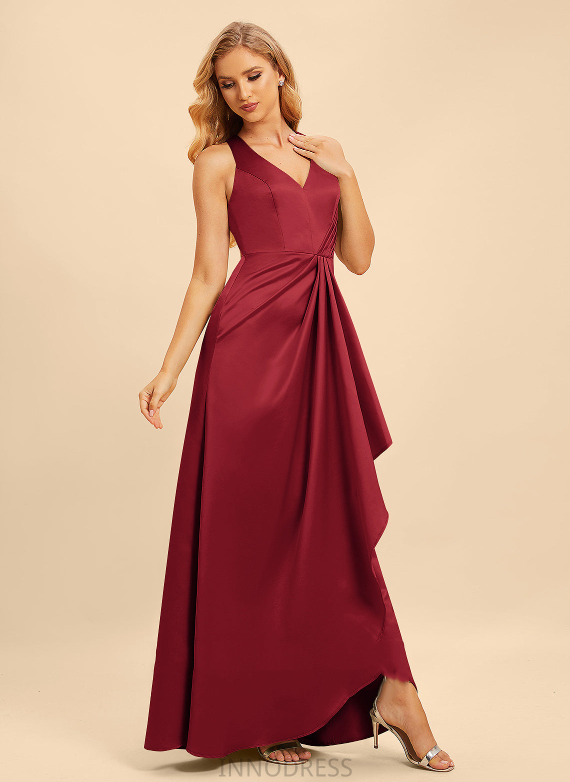 Ruffle Neckline Length Silhouette A-Line V-neck Fabric Floor-Length SplitFront Embellishment Joy A-Line/Princess Bridesmaid Dresses