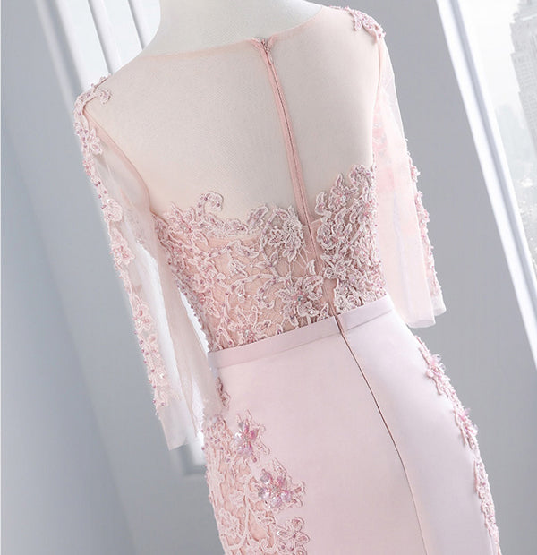 Pink Sheath Sweep Train Sheer Neck 3/4 Sleeve Sheer Back Appliques Prom Dresses