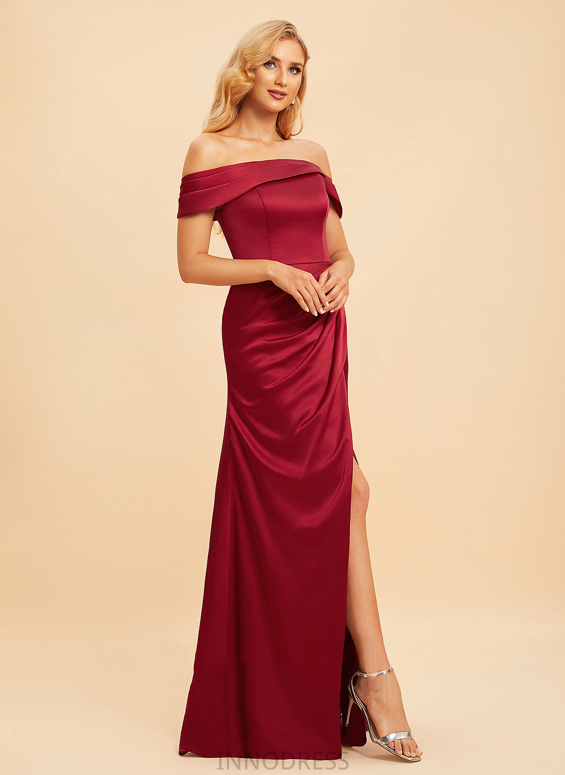 Neckline Floor-Length Silhouette Embellishment A-Line Length Off-the-Shoulder Fabric SplitFront Kyla Spaghetti Staps Sleeveless Bridesmaid Dresses