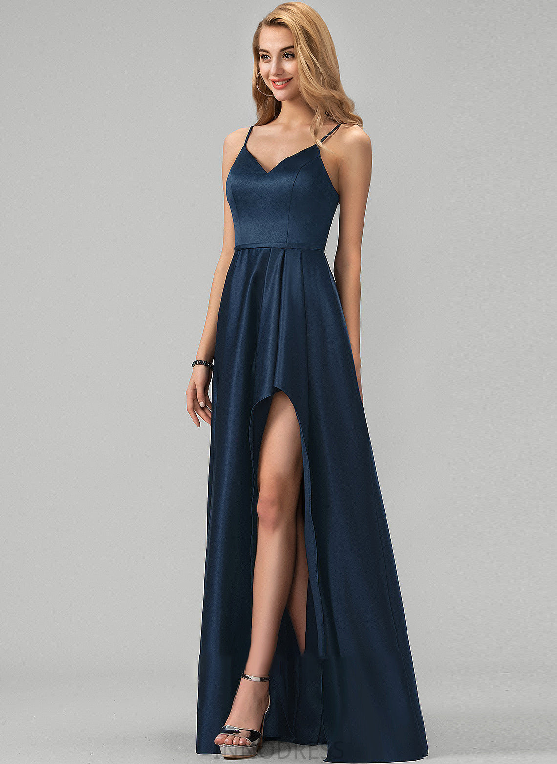 V-neck A-Line Satin Floor-Length Split Ruffles With Cascading Prom Dresses Marissa Front