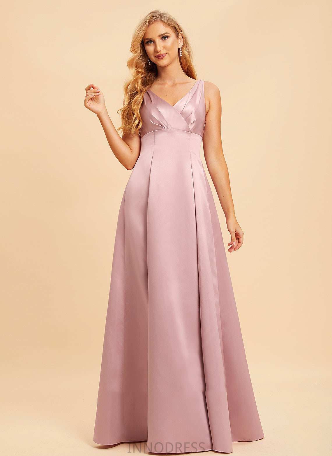 Satin Floor-Length Fabric Straps Length V-neck Neckline A-Line Silhouette Ashley A-Line/Princess Knee Length Bridesmaid Dresses