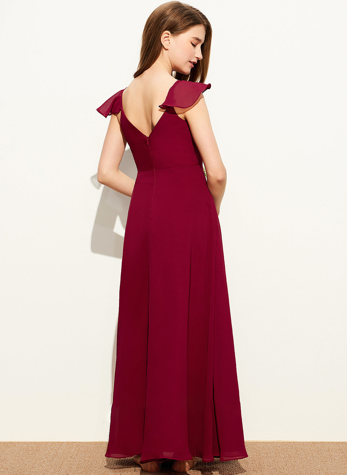 Ruffle V-neck With Esther Floor-Length Junior Bridesmaid Dresses Chiffon A-Line