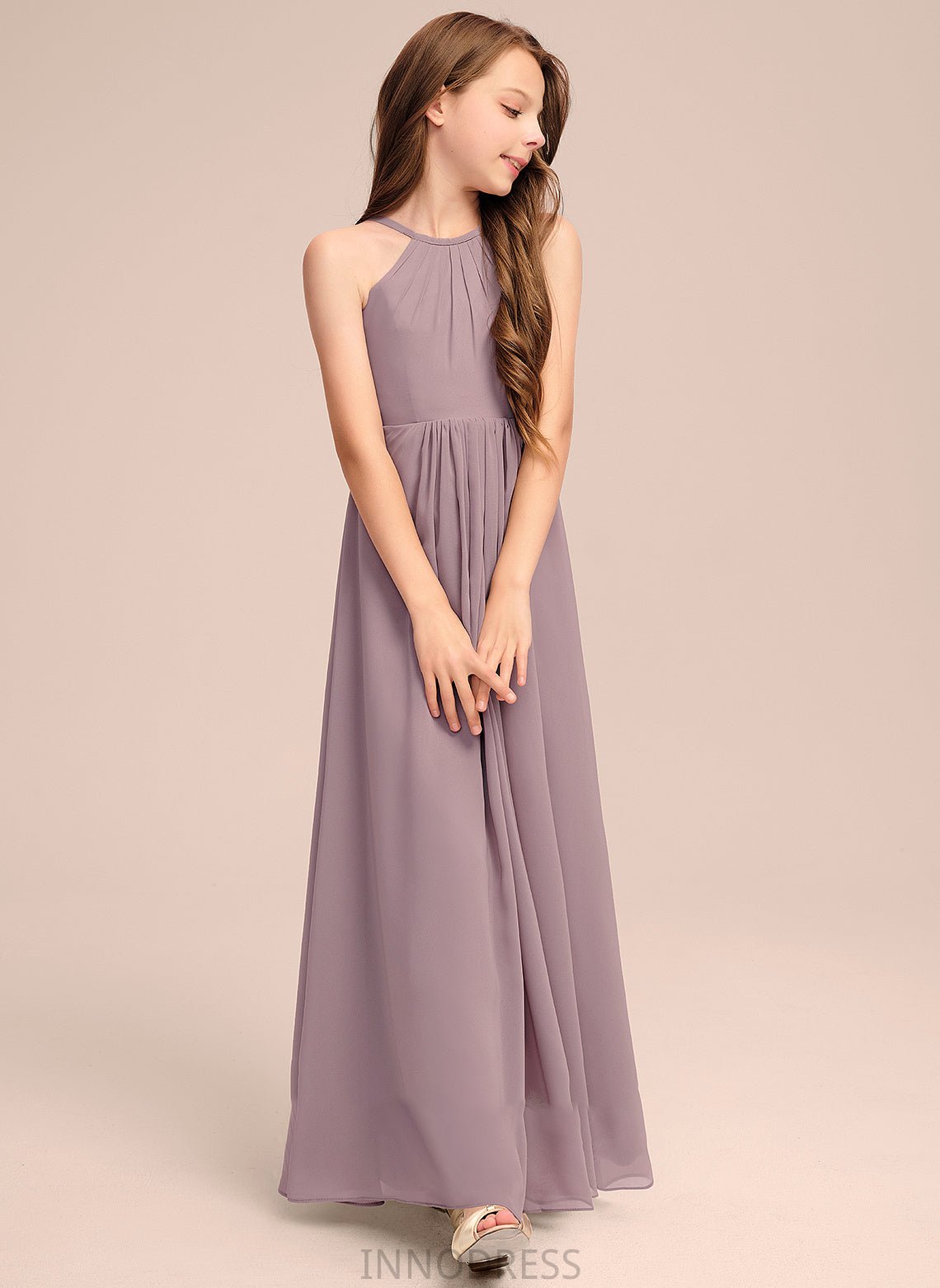 Cascading Floor-Length A-Line Kamryn Ruffles With Scoop Neck Junior Bridesmaid Dresses Chiffon