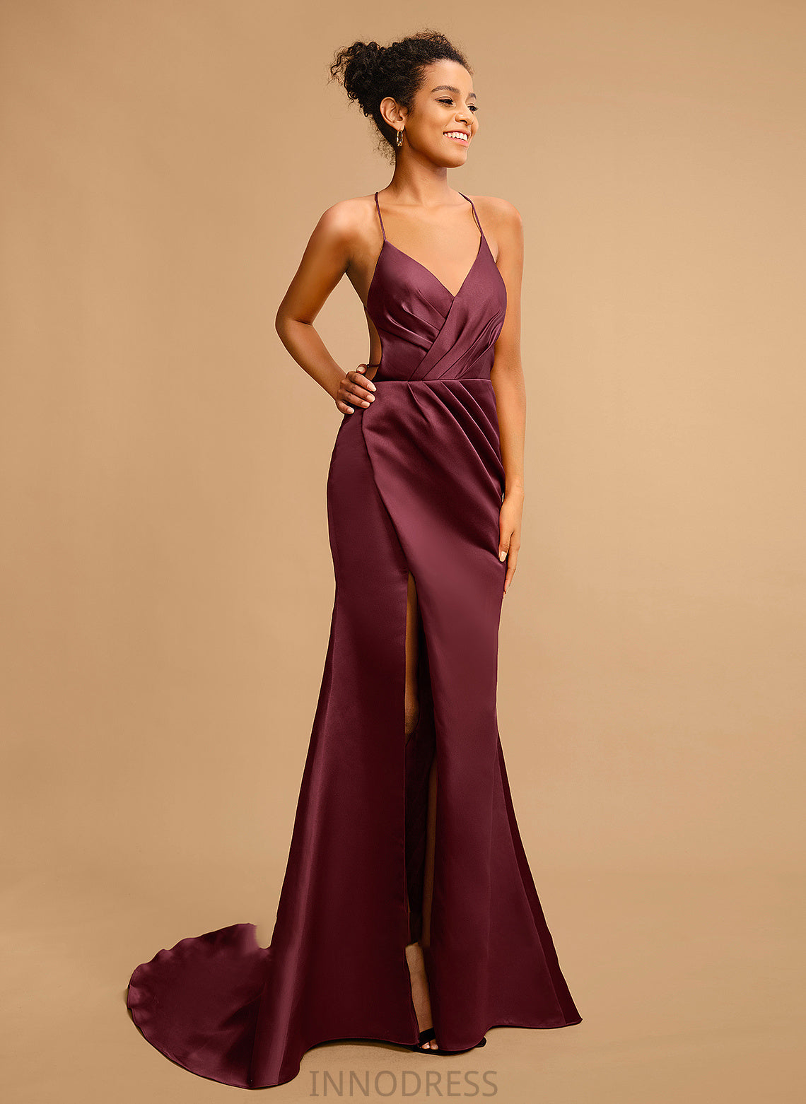 With Train Sweep Prom Dresses Sheath/Column V-neck Pleated Charlee Satin