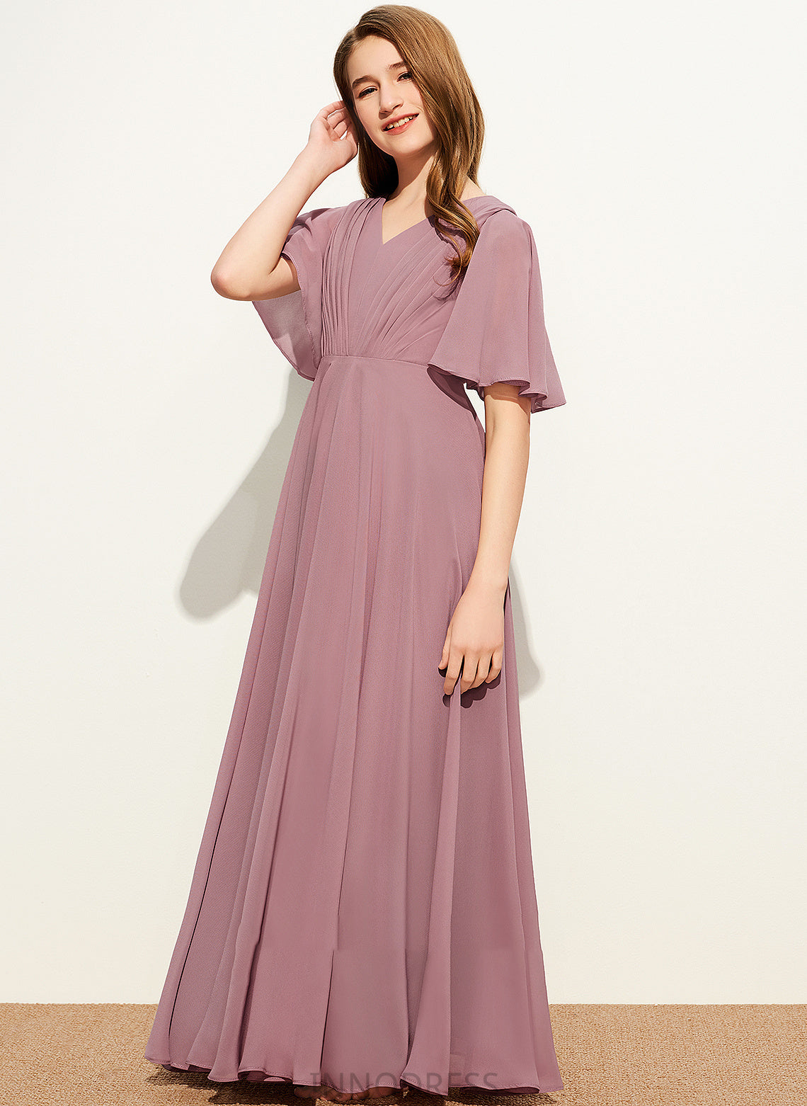 Floor-Length With Chiffon Dulce Ruffle A-Line Junior Bridesmaid Dresses V-neck