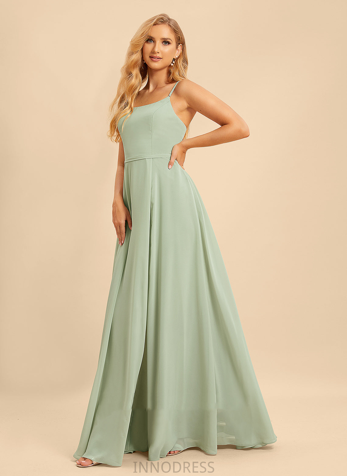 Fabric A-Line SquareNeckline Embellishment Floor-Length SplitFront Neckline Silhouette Length Elizabeth Natural Waist Sleeveless Bridesmaid Dresses